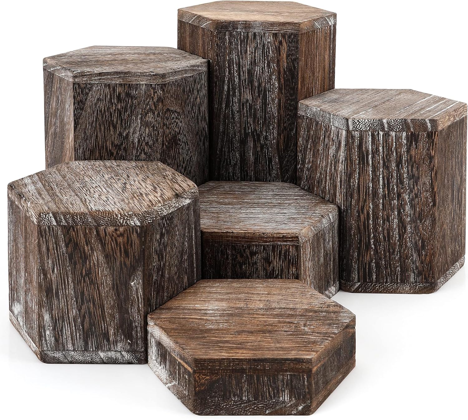 BELLE VOUS 6 Pack of Vintage Brown Wooden Hexagon Display Risers - Wood ...