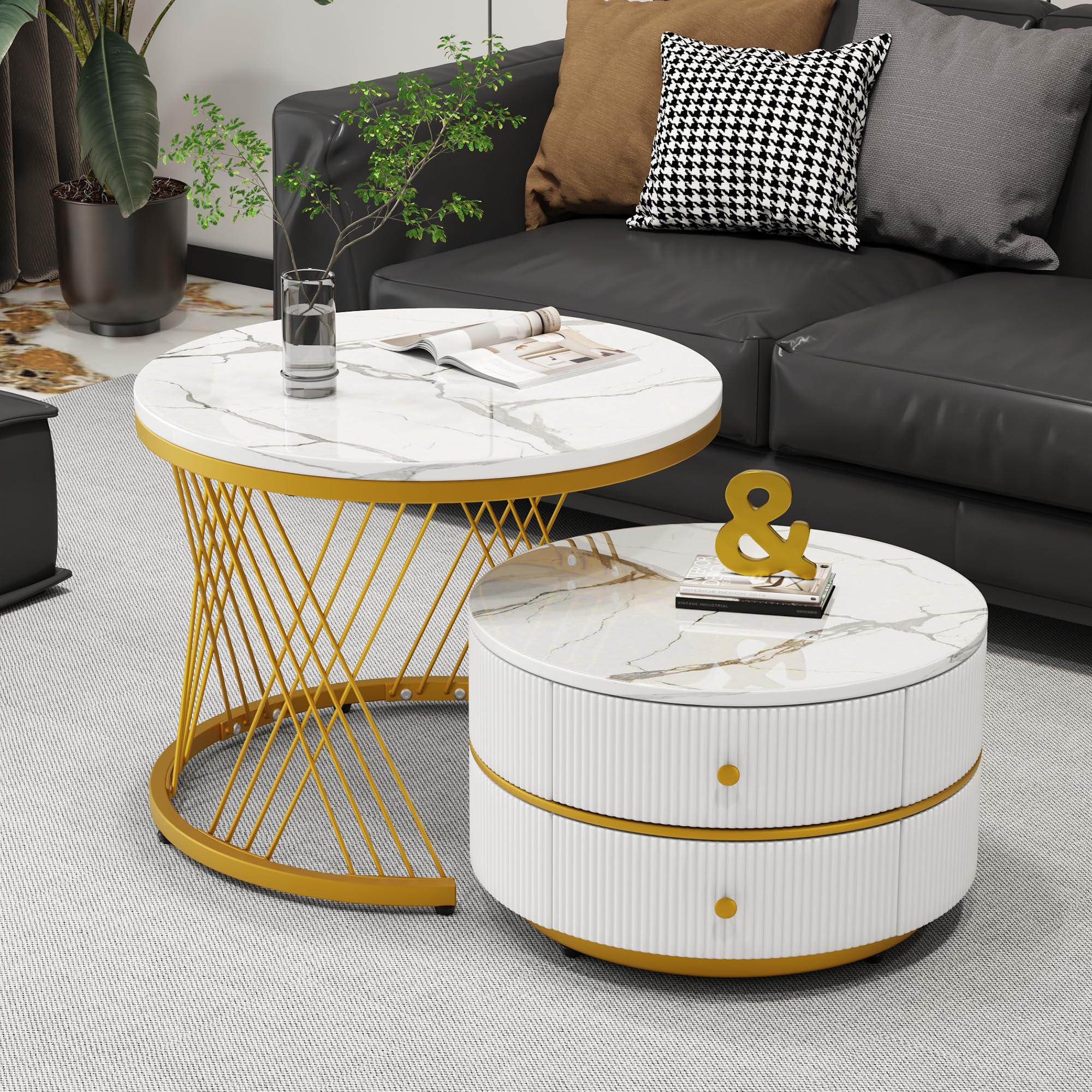 ModernLuxe 2-in-1 Coffee Table, High Gloss Round Nest of Tables, Multi-functional Side Table with Gold Metal Frame Legs and Marble Pattern White Top, 2 Storage Drawers, Nesting Tables for Living Room