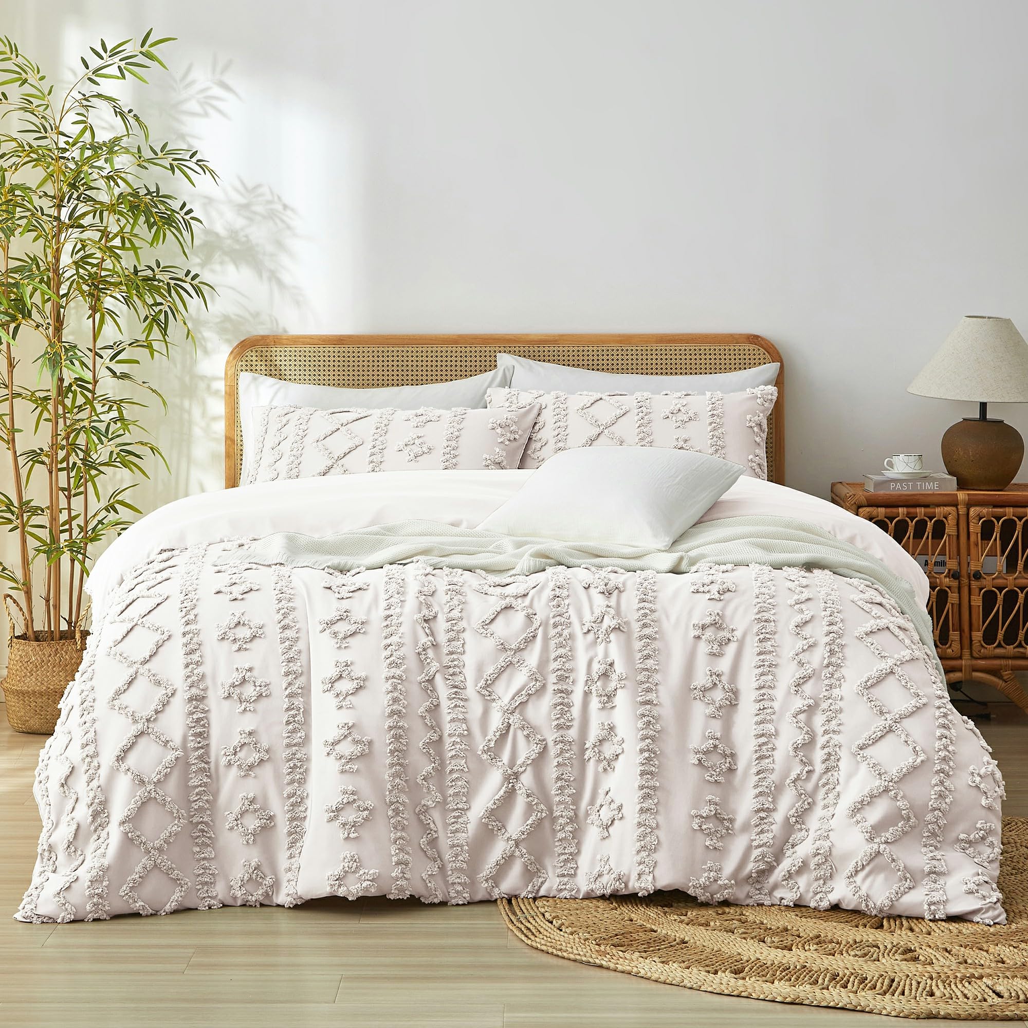 Luofanfei Housse de Couette 240 x 260 Beige Bohème Rayée Geometrique Parure de Lit Adulte 2 Personnes avec Fermeture Éclair Parure Housse Couette Boheme Style avec 2 Taie d'oreiller 65x65 cm