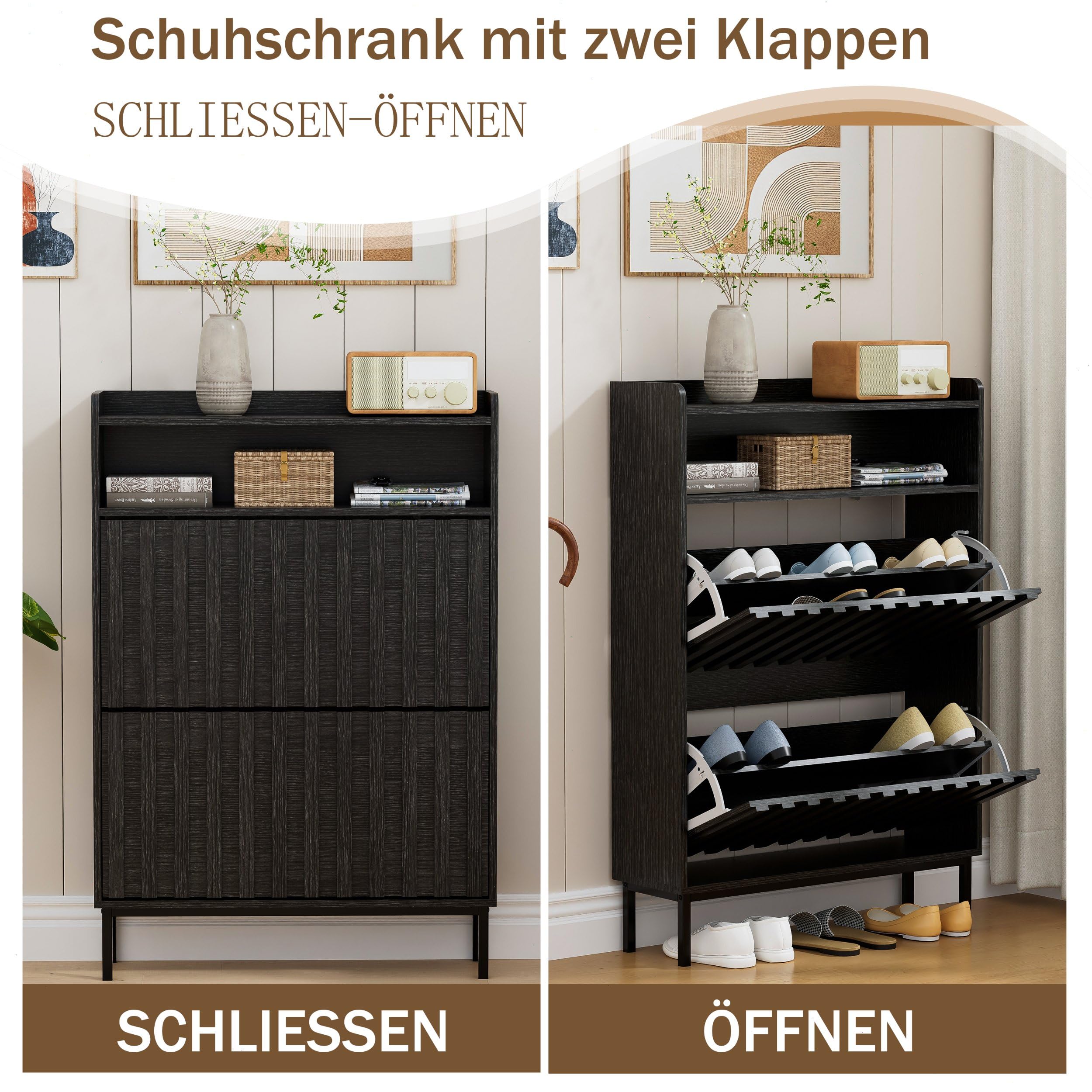 UEV Schuhschrank mit 2 Klappen Schmal, Schuhkipper für Flur Wohnzimmer, Schuhkommode mit Kippschutz, Schuhaufbewahrung, Verstellbare Trennwände für Verschiedene Schuhtypen Schwarz