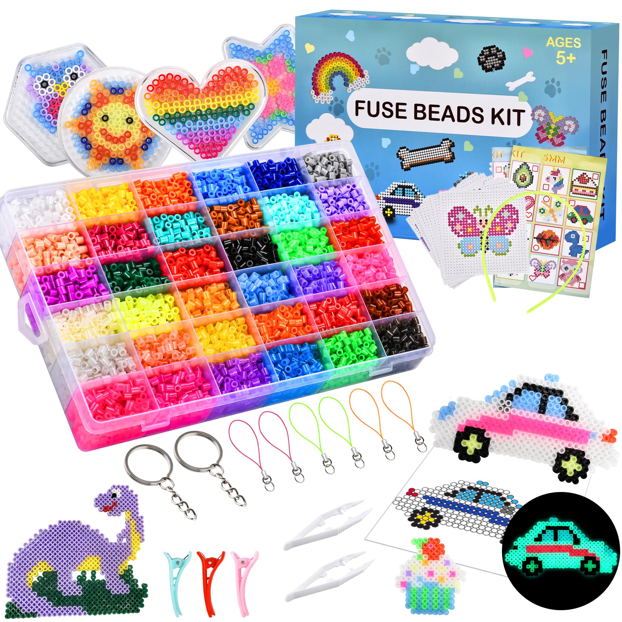 DazSpirit 10000pcs Fuse Beads Craft Kit - with Glow in The Dark and Glitter Bead, 36 Colors 5mm Fuse Beads with 104 Pattern Sheets, Comes with Tweezers, Pegboards, Ironing Papers, Craft Kits for Kids