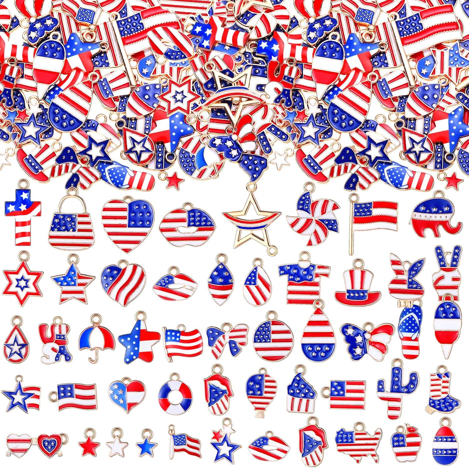 Cunno 150 Pcs Independence Day American Flag Charms Bulk for Jewelry Making Star Heart Patriotic USA Charms 4th of July Pendants Bracelets Necklaces Earrings Head Cord DIY Supplies Decor