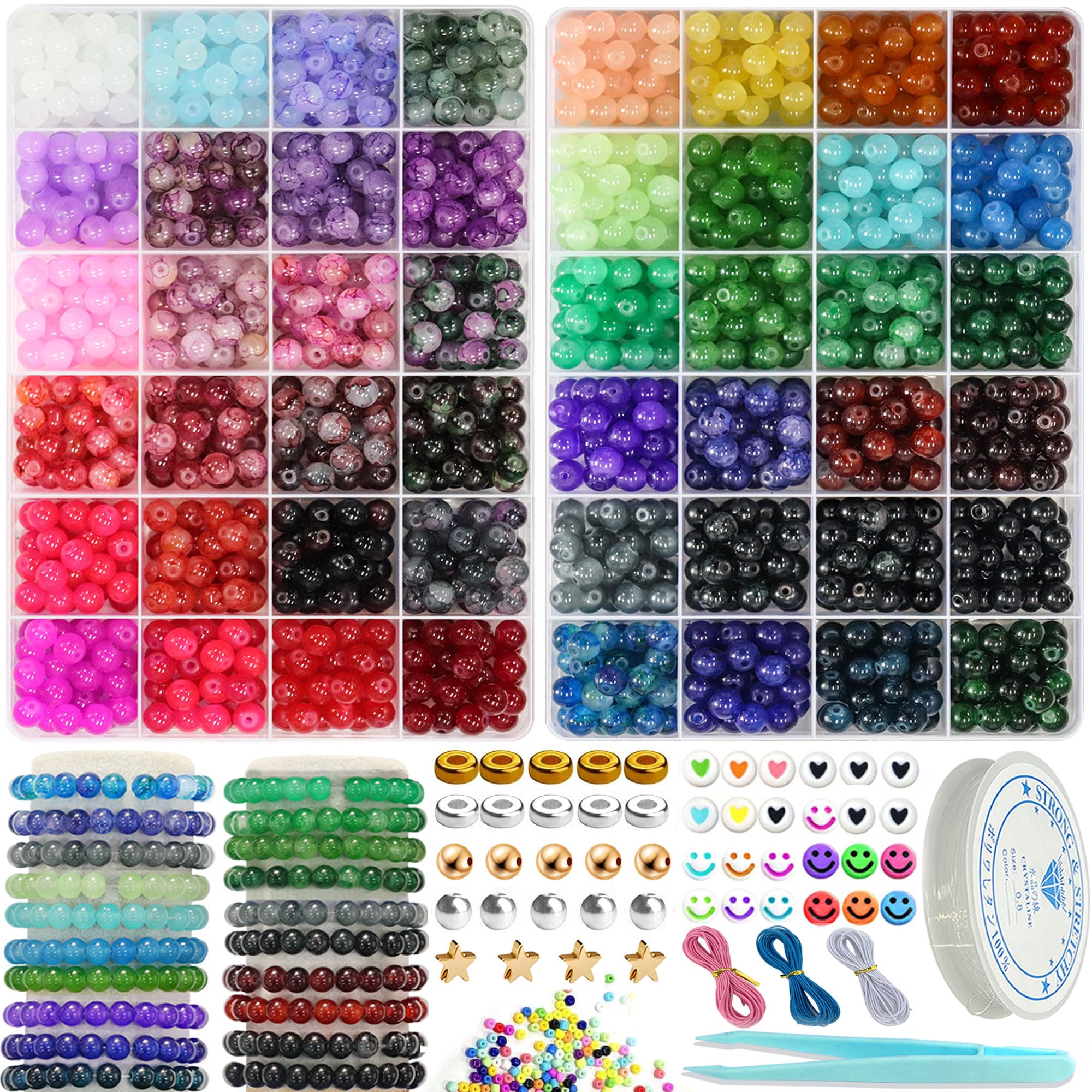 Perles en verre rondes de 8 mm pour bracelets, 2 000 pièces, 48 couleurs, kit de fabrication de bracelets en verre cristal pour la fabrication de bijoux, perles et loisirs créatifs avec