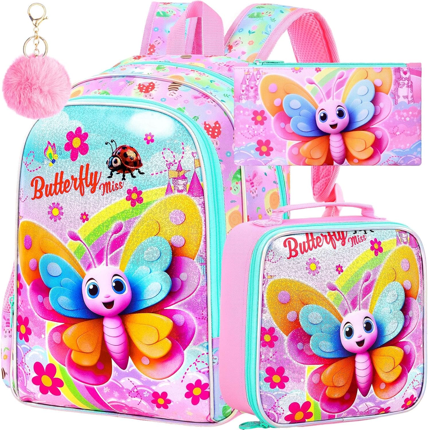 AGSDON 3PCS Girls Butterfly Backpack, 16" Kids Backpacks and Lunch Bag Set for Girls, Water Resistant Elementary Bookbag for Toddler