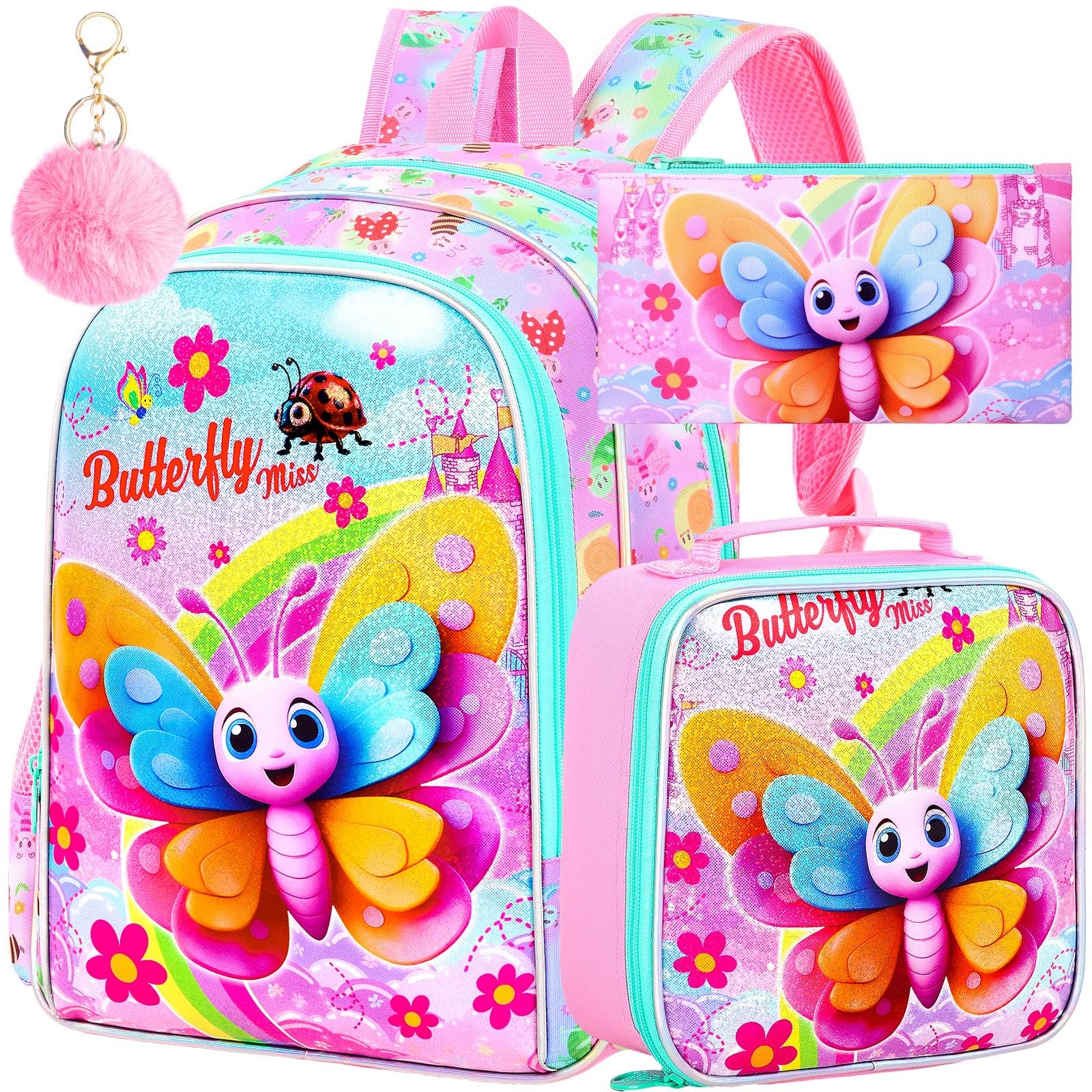 AGSDON 3PCS Girls Butterfly Backpack, 16" Kids Backpacks and Lunch Bag Set for Girls, Water Resistant Elementary Bookbag for Toddler