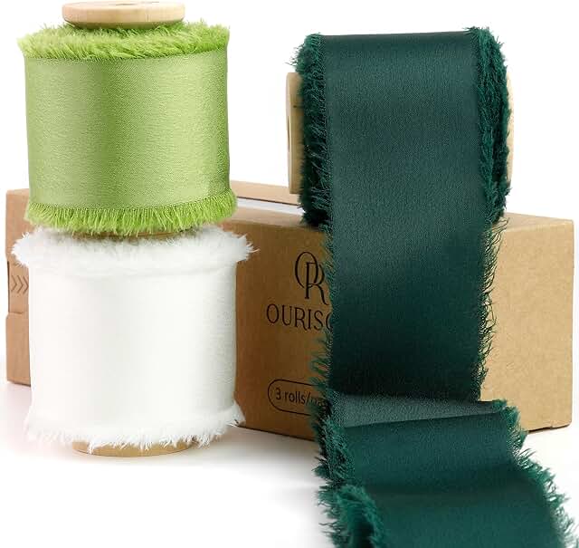 Silk Satin Ribbon 1-1/2 Inch x 30 Yards Ivory& Sage& Dark Green- Handmad...