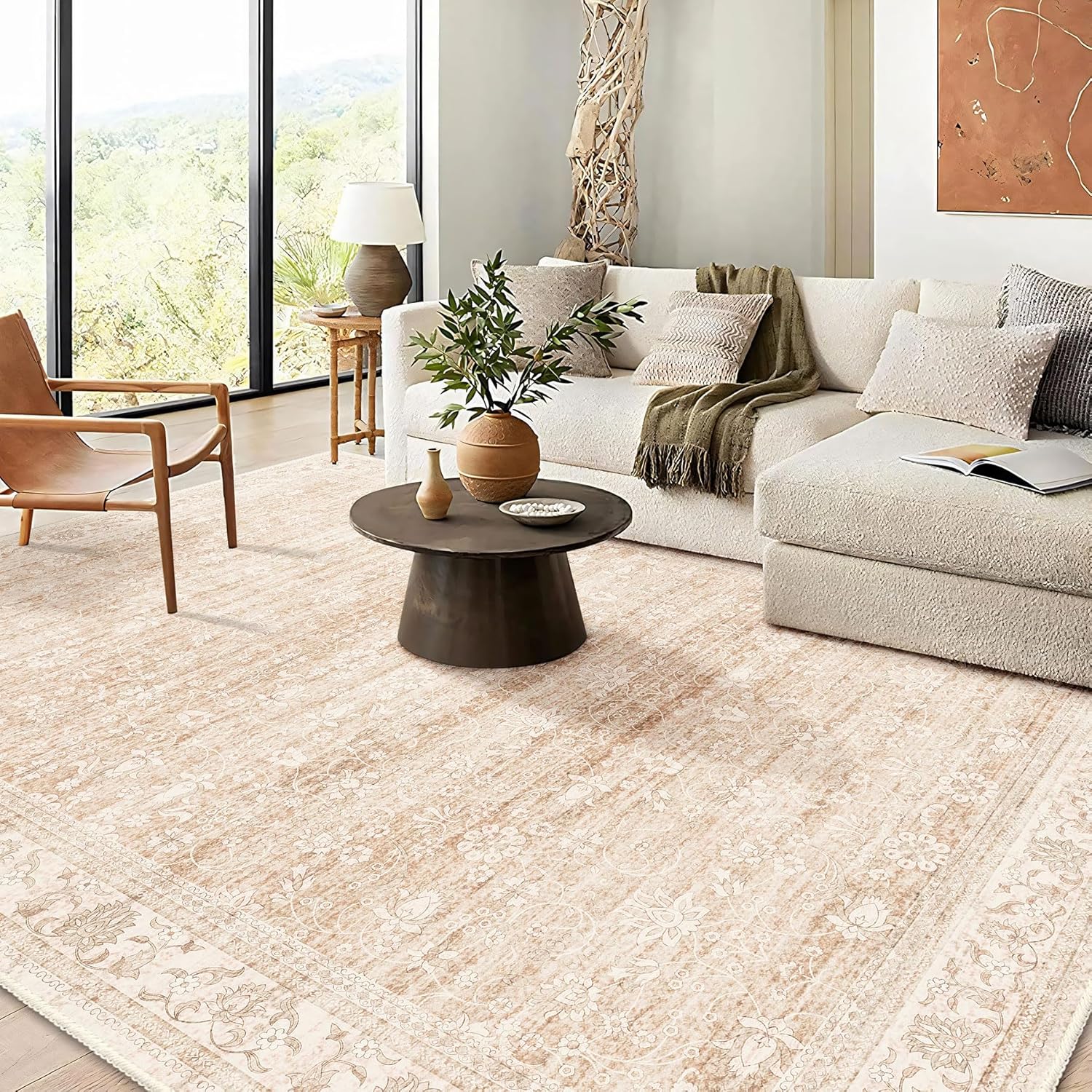 8x10 Area Rugs Washable, Beige Large Rugs for Living Room Bedroom Dining Room Office, Ultra Thin Soft Boho Rug Non Slip, Vintage Distressed Carpet Floral Rug for Home 8' x 10' (Rectangular) Beige