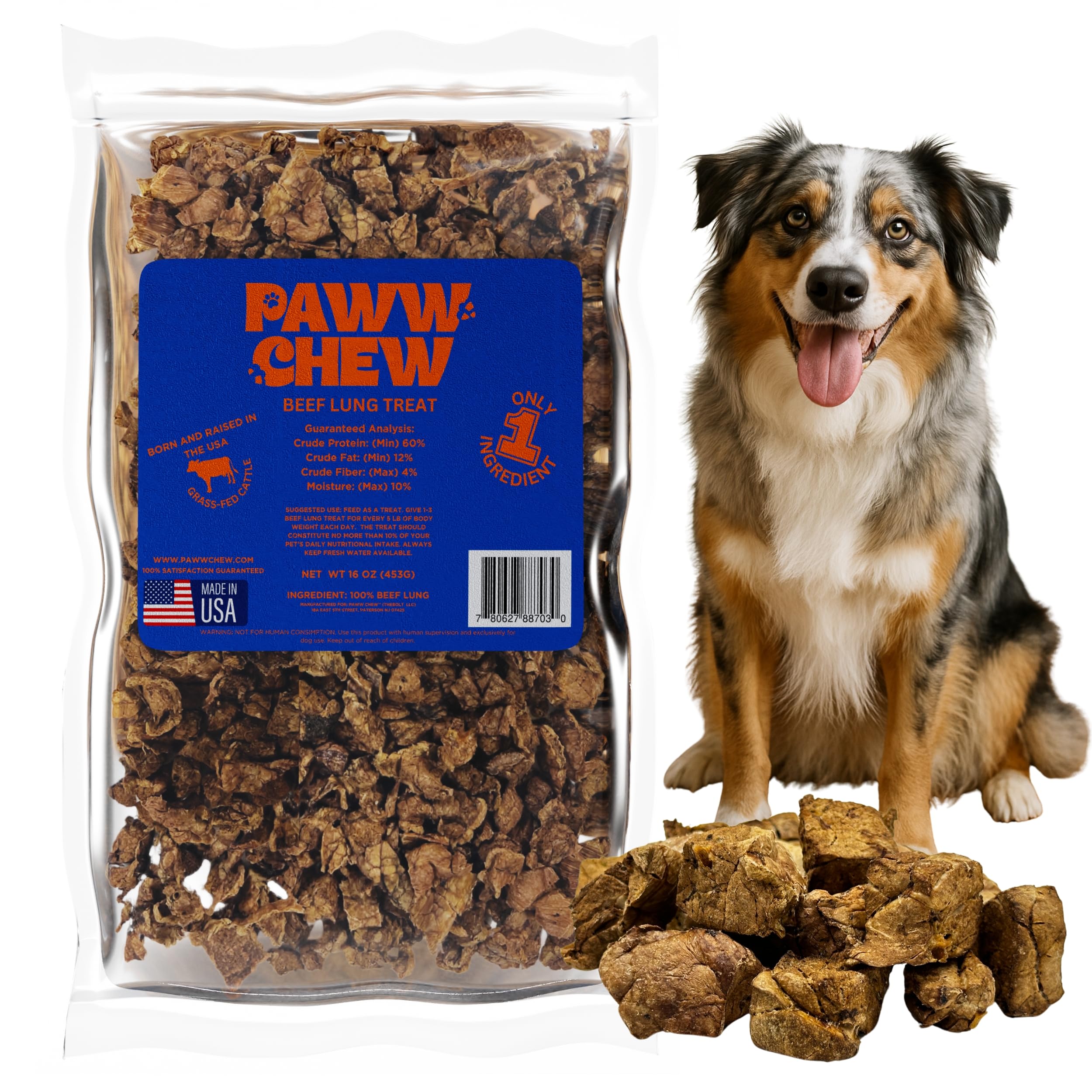 PAWW CHEW Beef Lung Dog Treats - 100% Natural, Single Ingredient, (1 Pound) Made in The USA, Dried & Dehydrated, High Protein, High Value Dog Training Treats, Grain Free, Low-Odor Free for All Breeds
