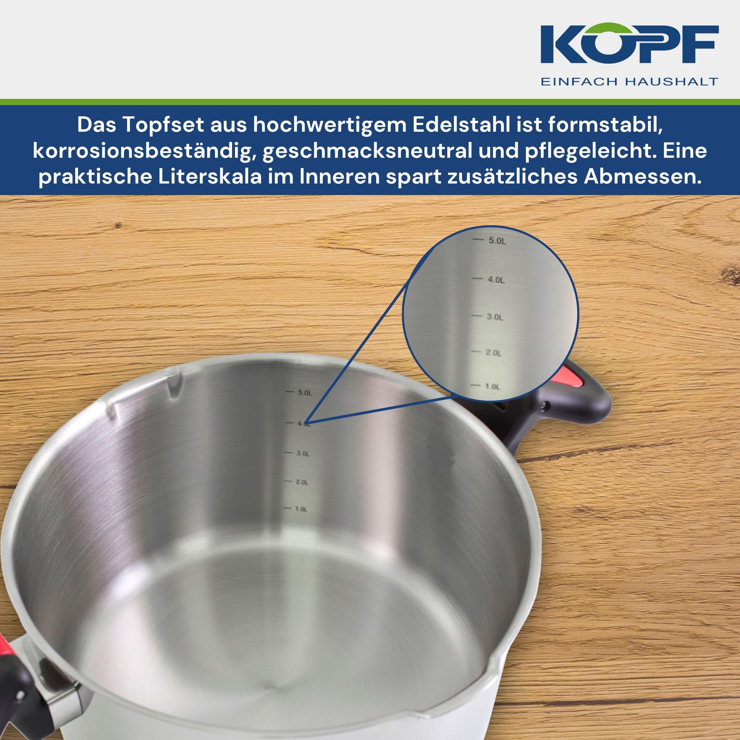 Kopf Zestaw garnków Nelo ze stali nierdzewnej, zestaw garnków indukcyjnych z inteligentną pomocą do odcedzania, 3 x garnki ze szklaną pokrywką i 1 x rondel, 7-częściowy