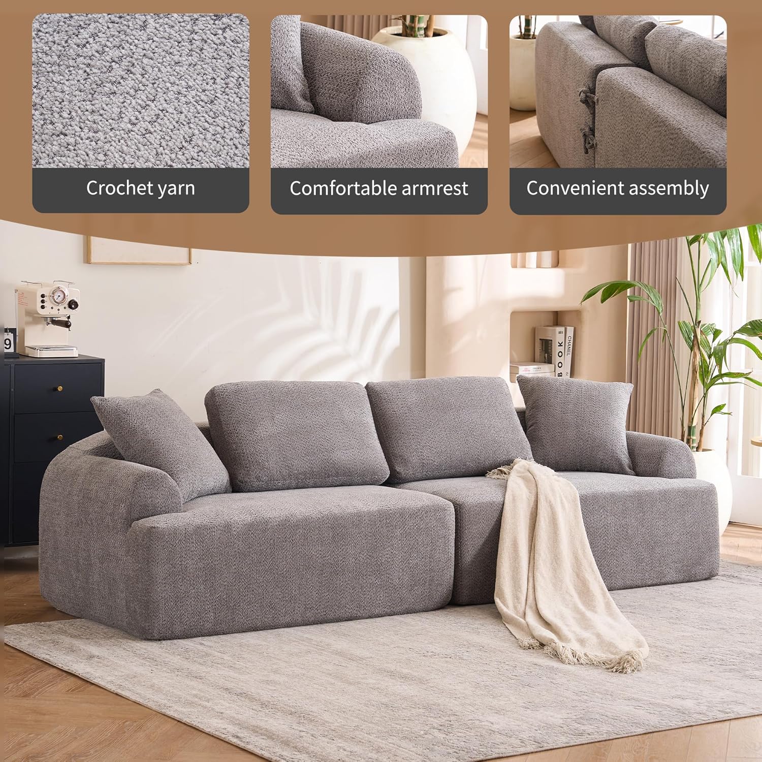 102 Inch 4 Seater Cloud Couch,Compression Modular Sectional Sofas,Crochet Yarn Fabric Couches with 4 Pillows, Free Combined Sofa for Home Living Room Office