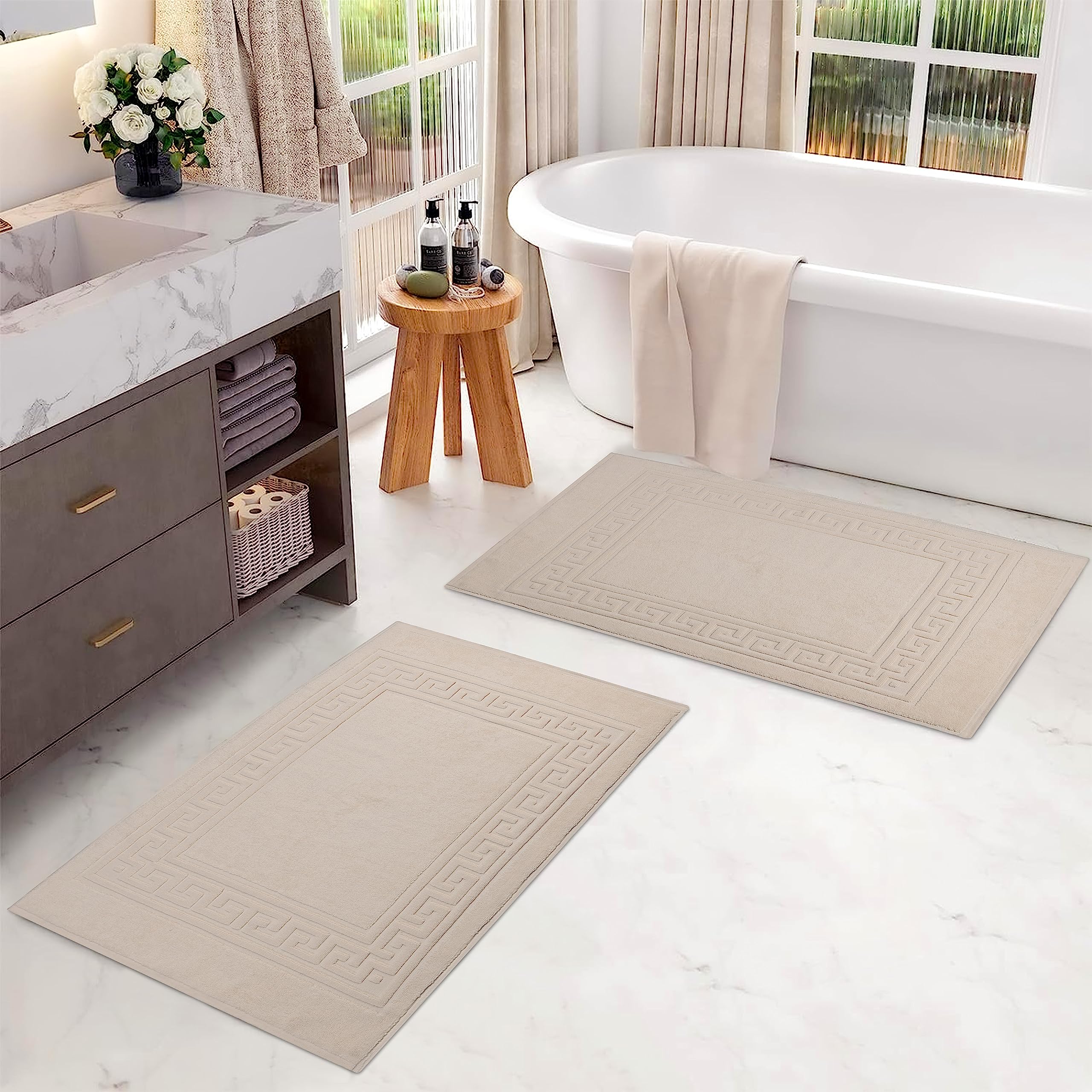 Superior Badematten-Set in Hotel- und Spa-Qualität, aus 100% hochwertiger gekämmter Baumwolle, langlebig und waschbar, 2er-Pack, elfenbeinfarben, je 55,9 x 88,9 cm