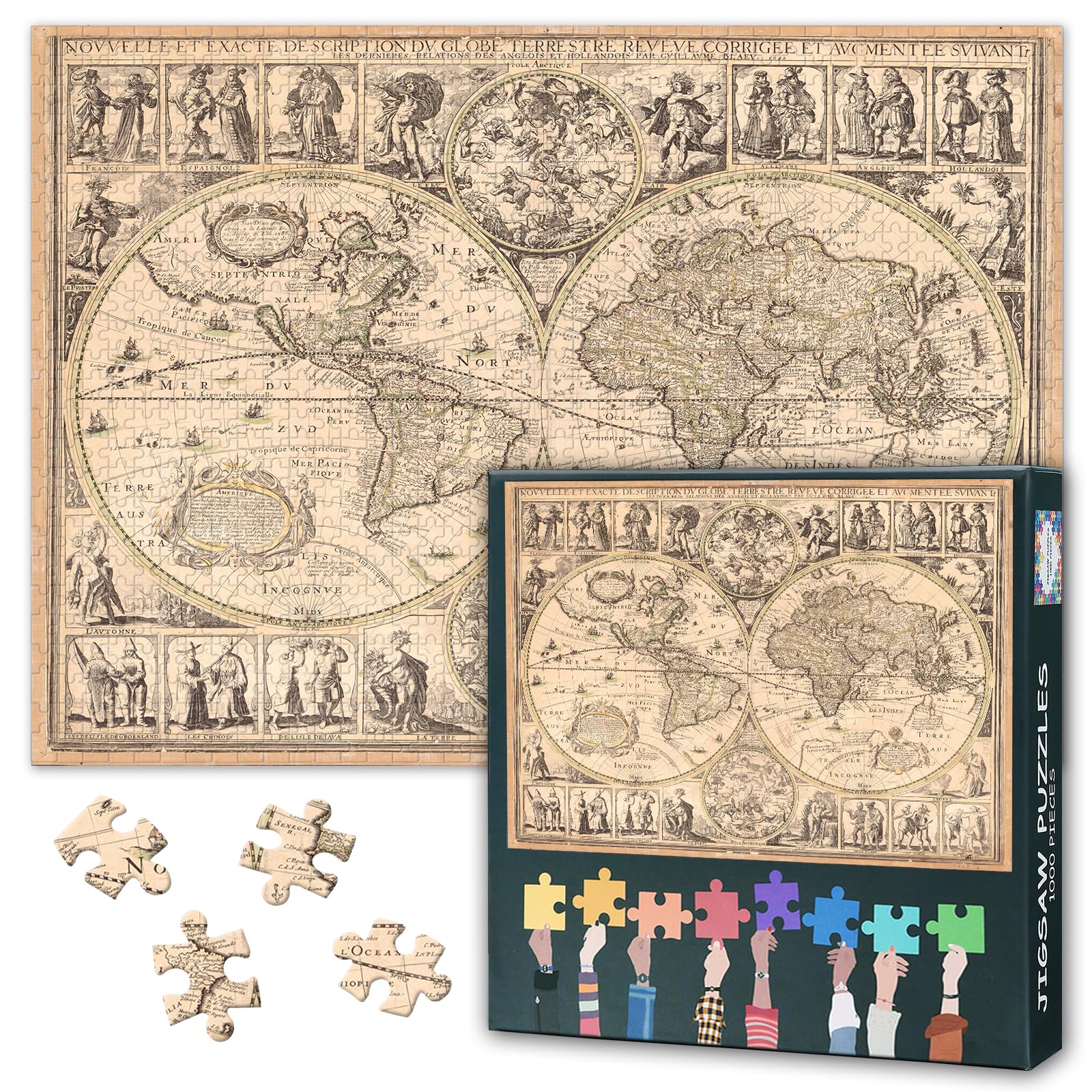 Puzzles for Adults 1000 Pieces, Antique World Map Jigsaw Puzzles, Adult Puzzle for Adults, Educational Fun Games or Toys for Elders Friends 20X27 INCH