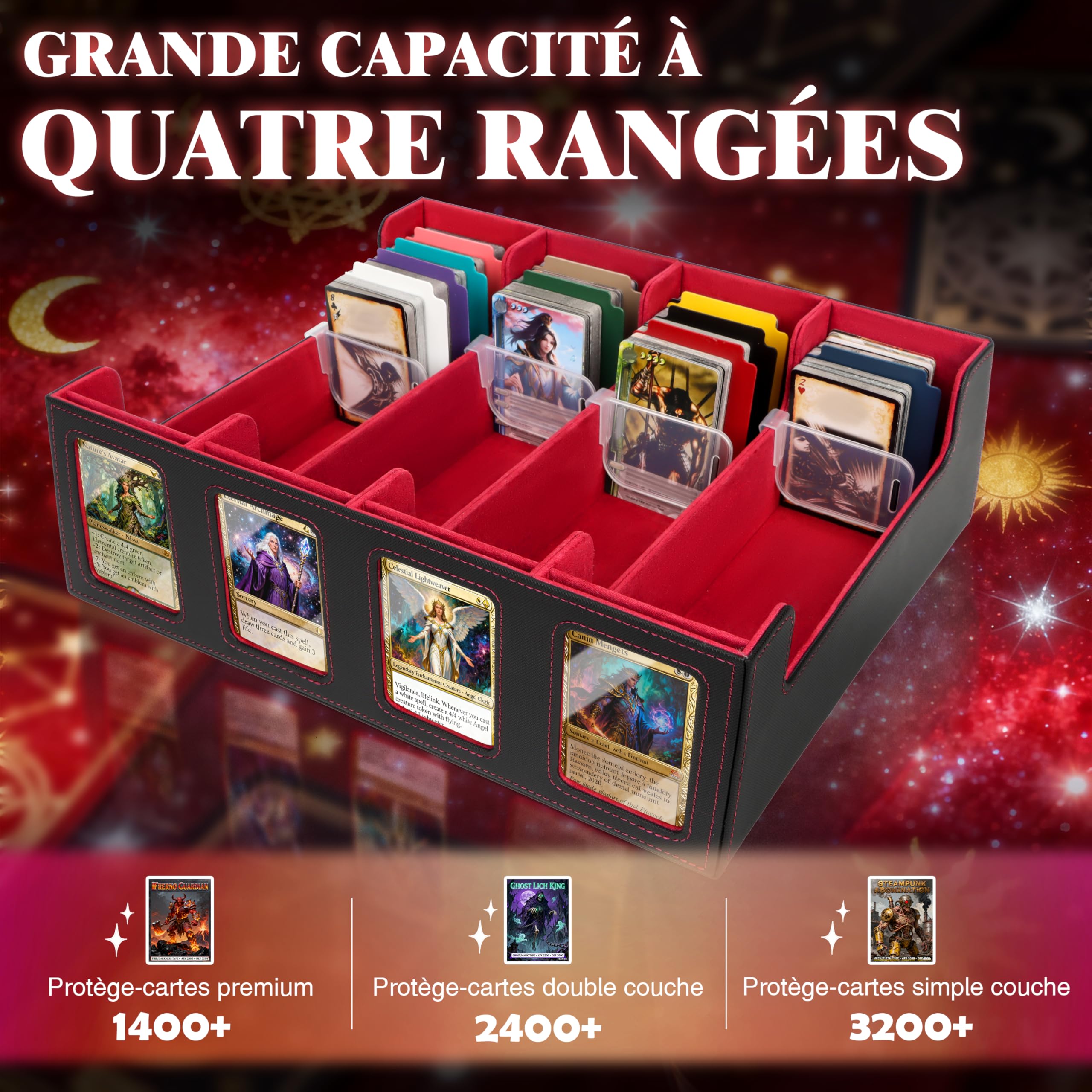 Charmofun Boîte Rangement Carte, Boîte à Cartes pour Plus de 2400+ Cartes Avec 10 Séparateurs, 4 Blocage et Plateau à Dés, Boîte à Rabat Magnétique Avec Cuir Pu et Poignée (Rouge, 2400+)