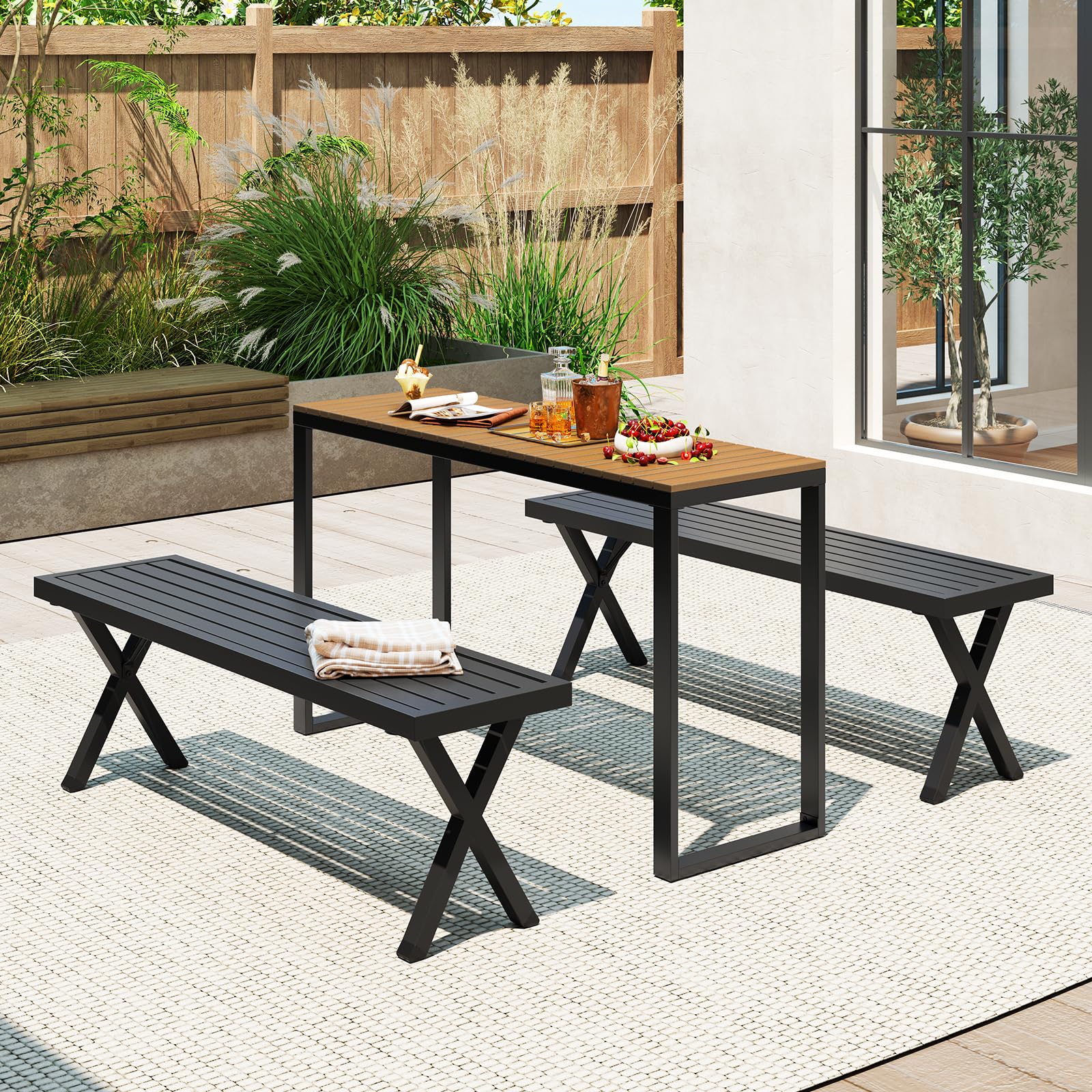 COSTWAY Gartentisch wetterfest, 129x42cm, Terrassentisch mit WPC-Tischplatte und Metallrahmen, rechteckiger Balkontisch, Outdoor-Esstisch für Balkon, Terrasse, Garten