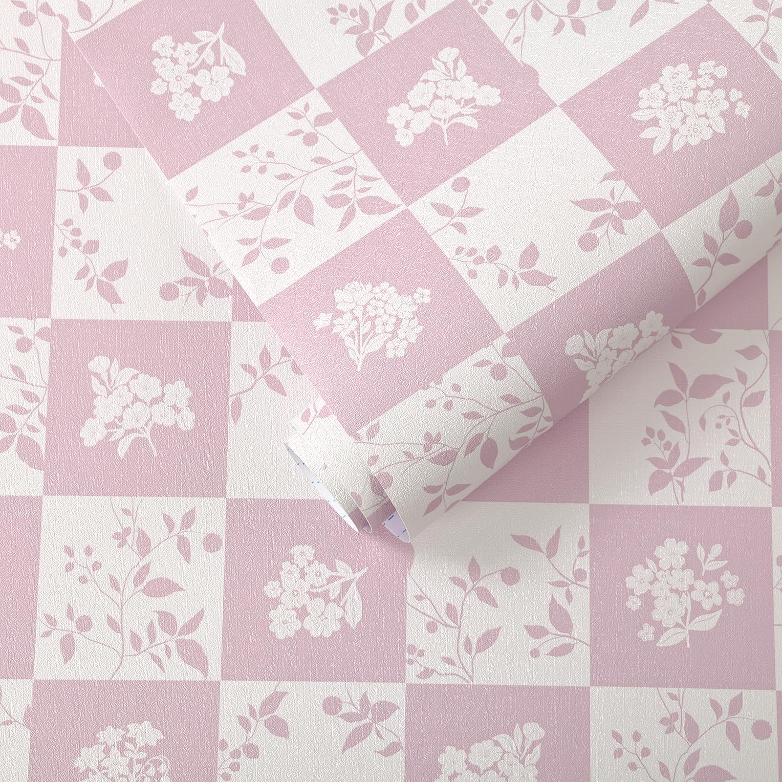 Yomshi Peel and Stick Wallpaper Modern Plaid Floral Wallpaper 44 x 300 cm Pink and White Sticky Back Plastic Roll Upgrade Waterproof Self Adhesive Contact Paper for Cabinets Nursery Laundry Room โ image 1