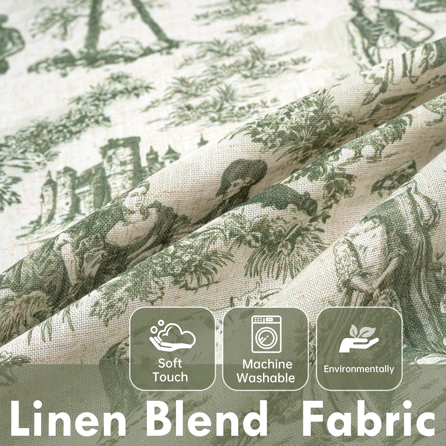 DriftAway 100% Blackout Toile Linen Curtains for Bedroom Double Layer Farmhouse French Country Vintage Printed Pattern Thermal Sound Lined Back Tab Living Room Drapes 84 inch Long 2 Panels Loden Green