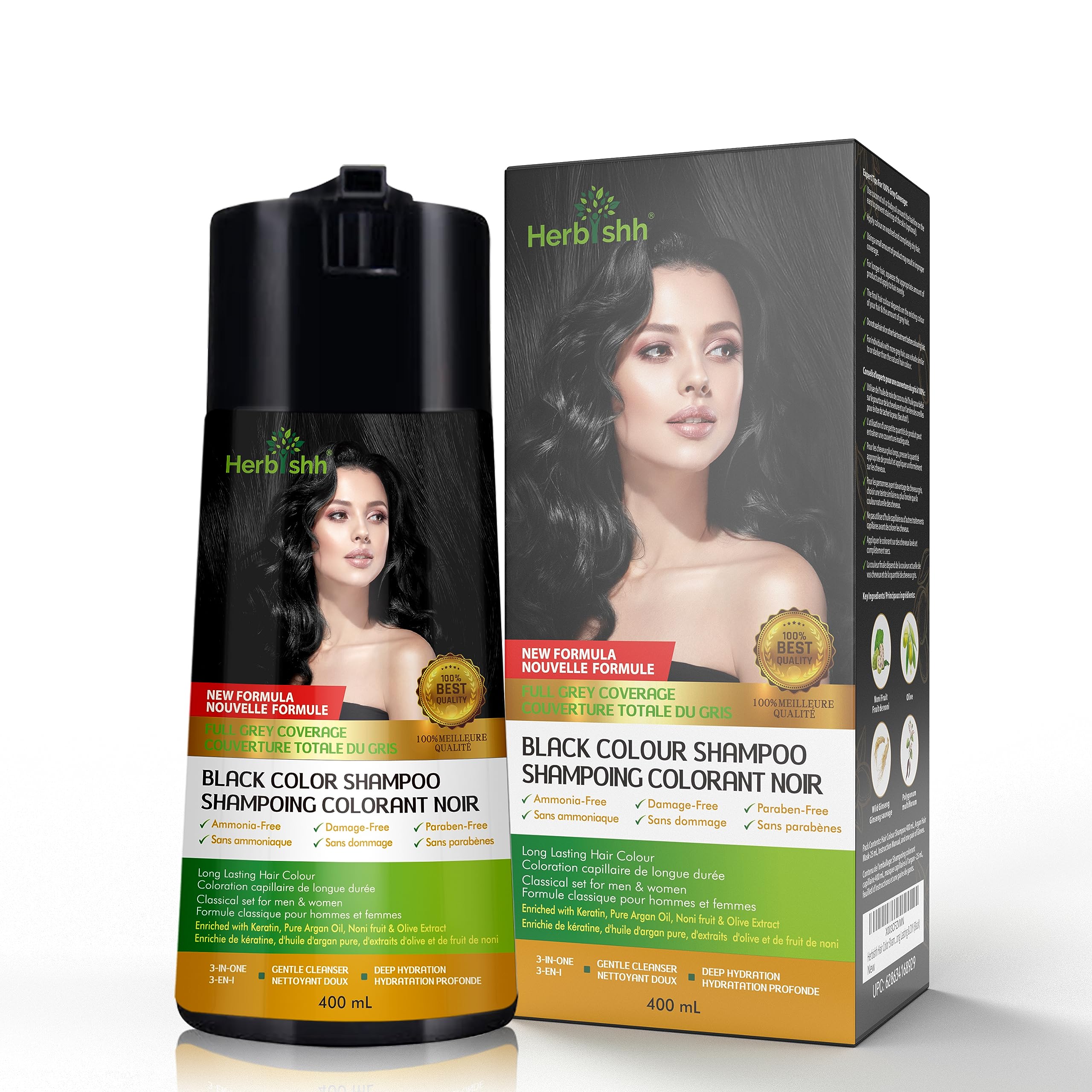 Herbishh Hair Color Shampoo for 100% Grey Coverage 400 mL – Enriched Color Hair Dye Shampoo Conditioner 3-in-1 Formula – Long Lasting & DIY (Black)