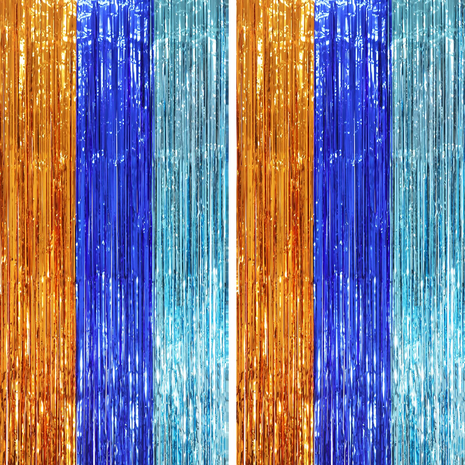 Voircoloria Blue Orange Foil Fringe Backdrop Curtains,3.3x6.6ft, 2 Pack | Tinsel Streamers, Door Shimmer, For Baby Shower, Birthday Party Decorations, Graduations