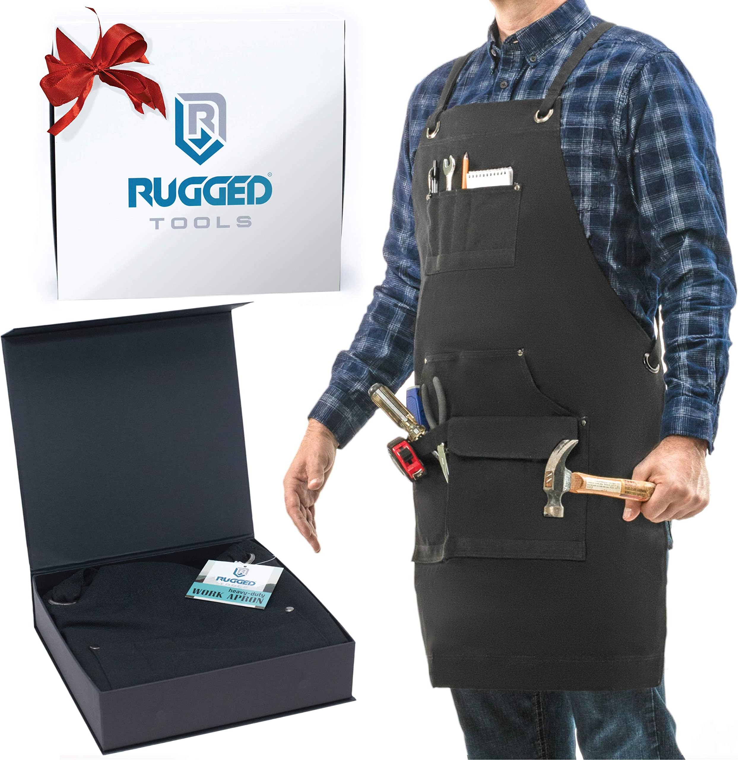 Rugged Tools Work Apron - Heavy Duty Canvas Shop Apron with Tool Pockets (Black)
