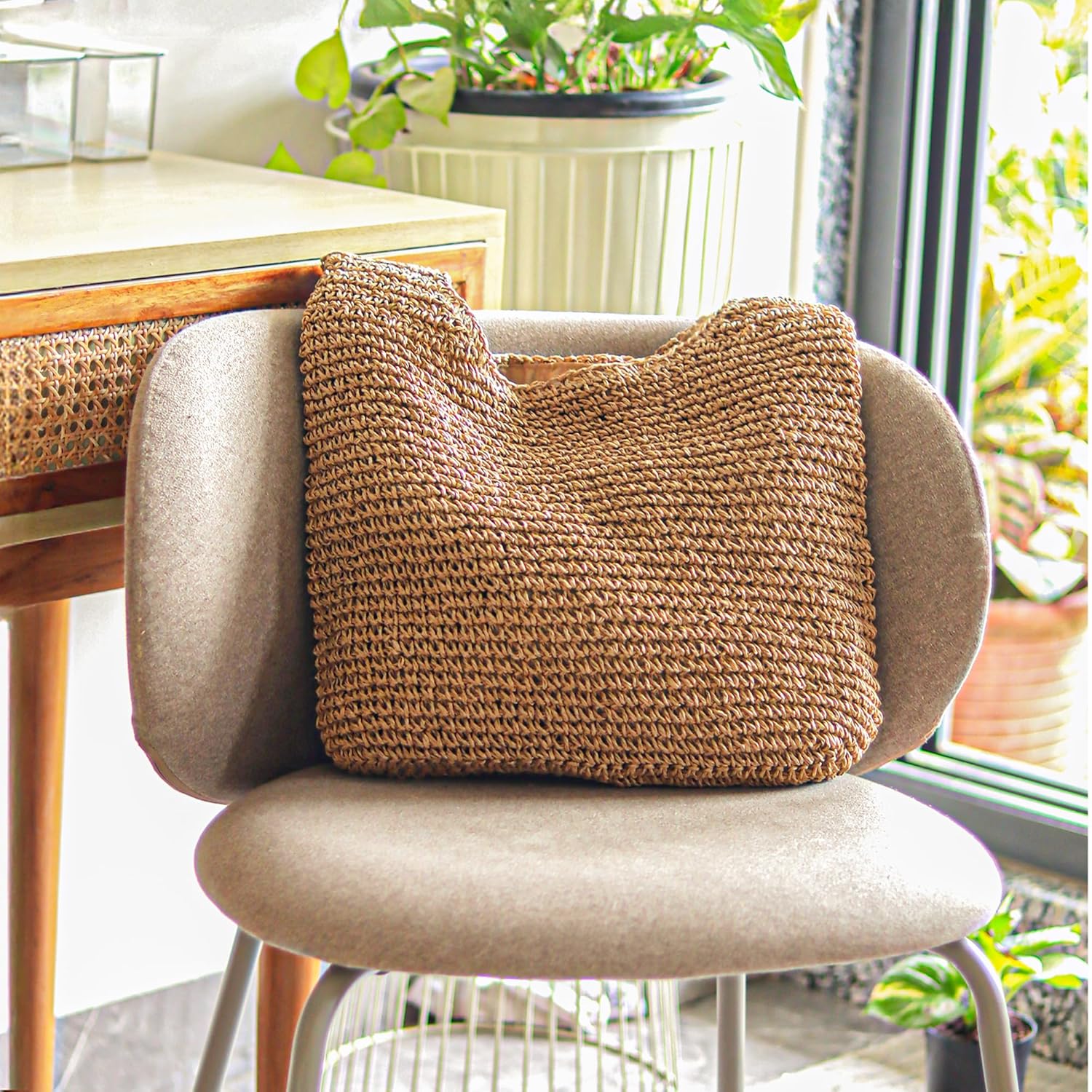 Fine Living Large Straw Tote Bag for Women – Tote Purse with Zipper, Handmade Woven Shoulder Slouchy Purse, Brown Spacious Boho Bag for Travel, Vacation & Casual Outfits - Image 2