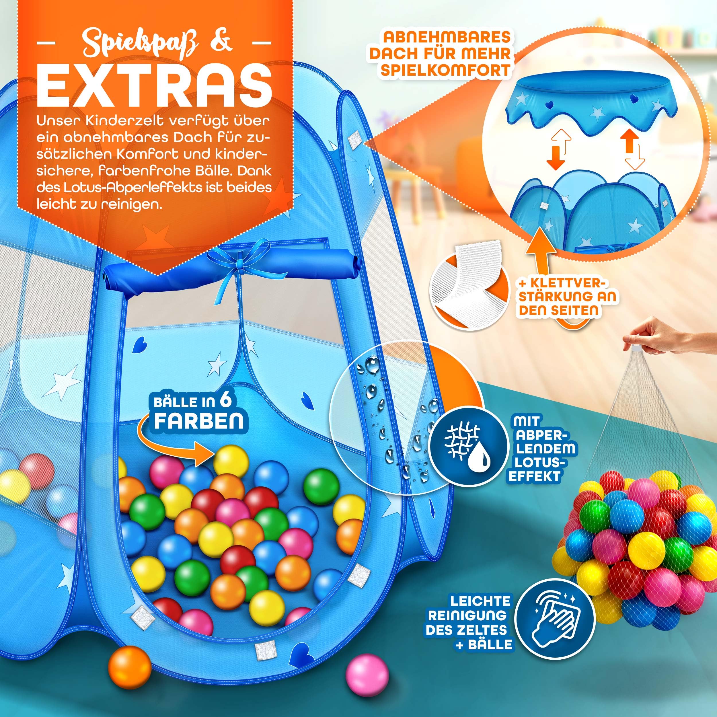 KIDUKU® Kinderspielzelt + 100 Bälle + Tasche Spielhaus Bällebad Schloss für drinnen und draußen (Blau)