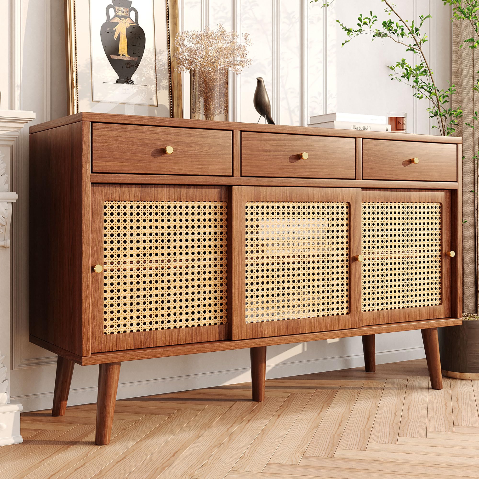 Kredens z drewna orzechowego 120 cm, komoda z 3 drzwiami przesuwnymi, plecionka rattanowa z 3 szufladami, retro, wysoka szafka z nogami z litego drewna, duża szafka do przechowywania do salonu