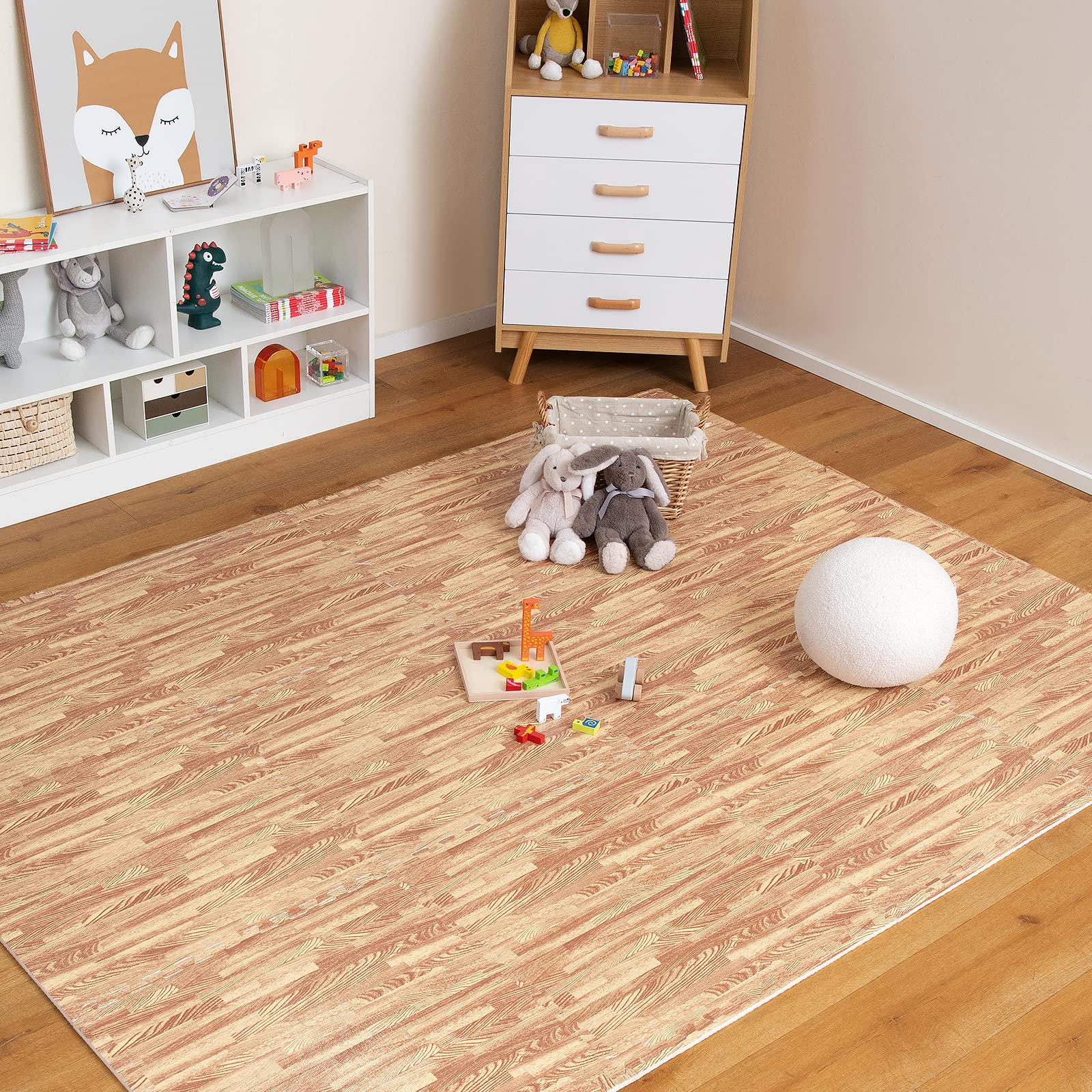 COSTWAY 12 Pezzi Tappeto Puzzle Effetto Legno, Tappetini a Incastro in Schiuma EVA con Bordi Perimetrali, Tappeto Protettivo Spesso per Palestra Casa Stanza Giochi, 61x61 cm, 4,5 M²