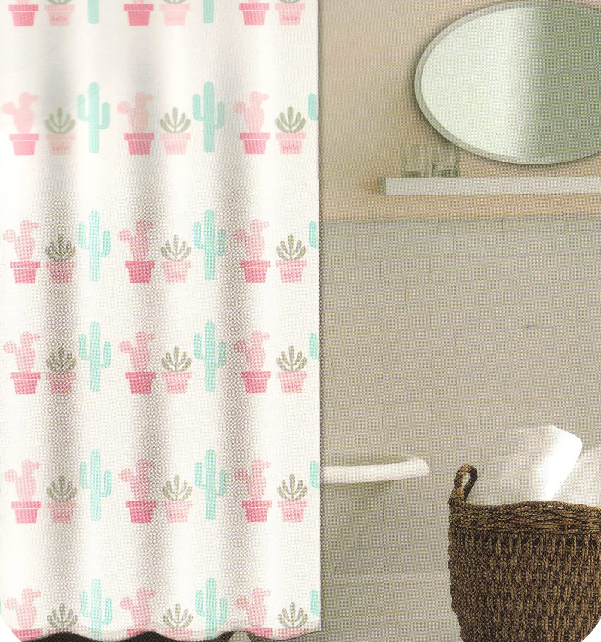 Cortina de Ducha Impermeable Antimoho 180x200cm - Cortinas de Baño EVA Resistente - Incluye 12 Ganchos (Cactus Rosa)
