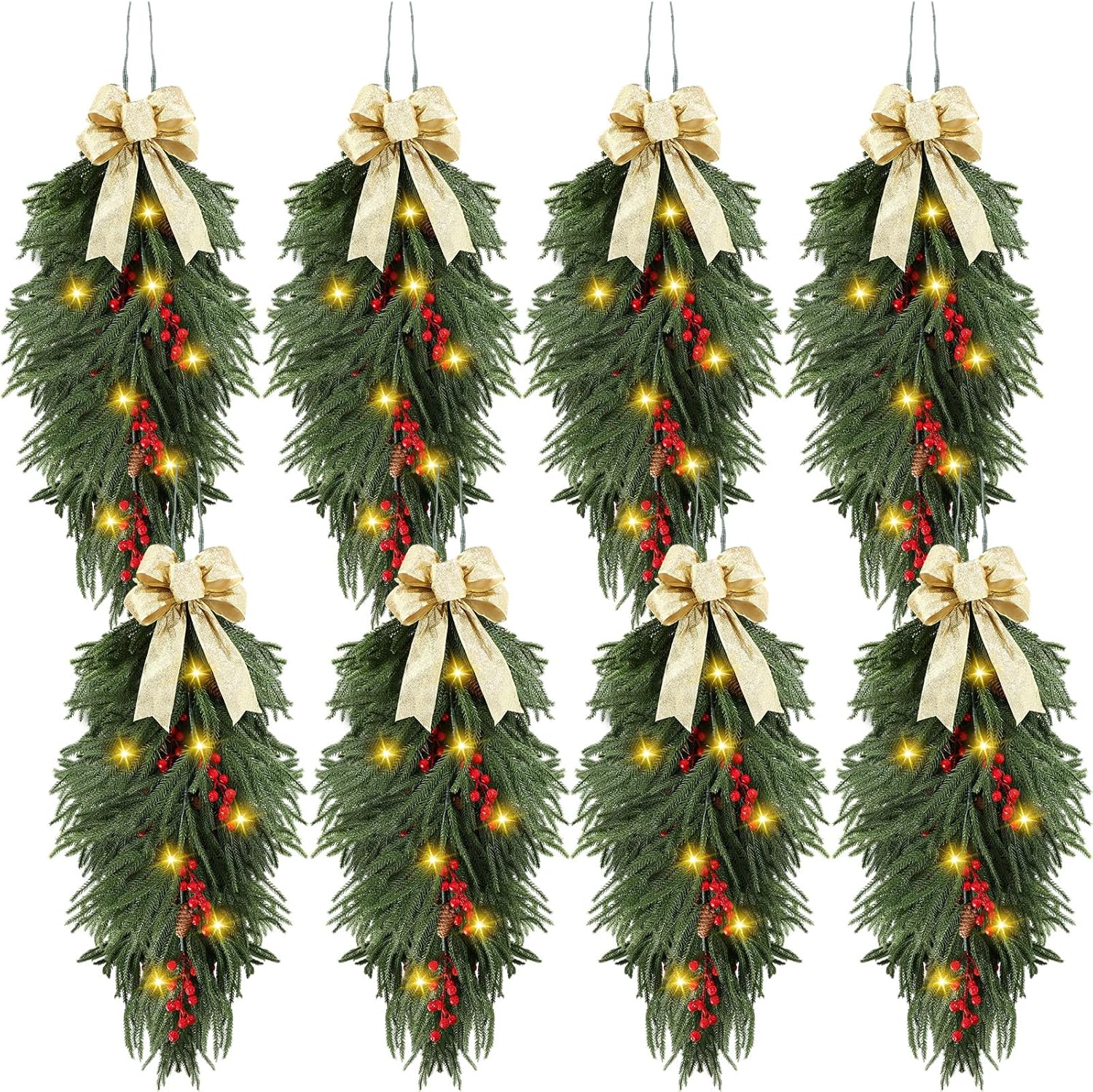 Zeyune 8 Pcs 35.4 Large Christmas Pine Teardrop Swag with Lights Pre-lit Christmas Artificial Swags Stairway Swag Teardrop Trim Wreath Door Stair Garland Decoration for Home Garden Decor(Vintage)