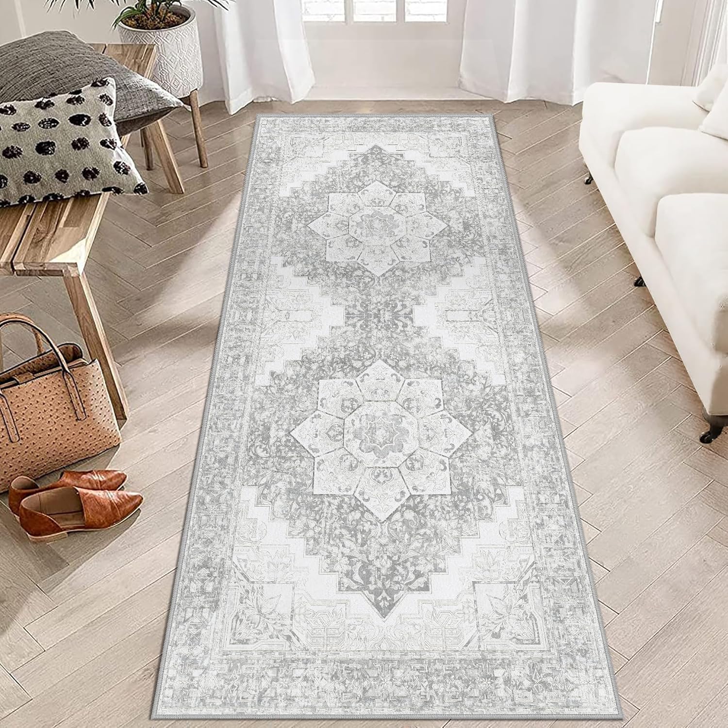 Arenarug Washable Runner - 2x6 Boho Hallway Rug, Non Slip Kitchen Runner, Soft Vintage, Oriental Distressed, Low-Pile Floor Carpet for Laundry, Indoor Entrance, Bathroom, Grey