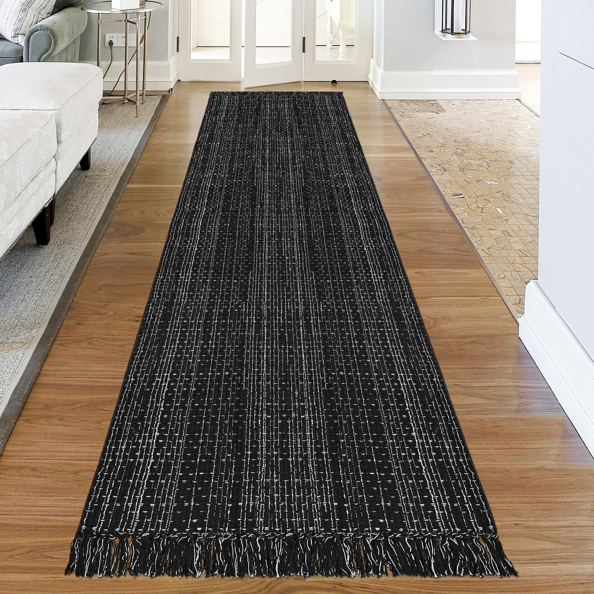 Fixseed Long Hallway Runner Rugs 3 x 10 Black and White Striped Rug with Tassels, Washable Large Indoor Outdoor Entryway Rug Front Door Floor Mat for