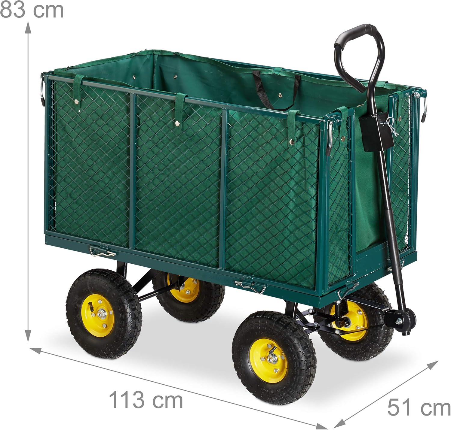 Diagram showing the dimensions of the Relaxdays Garden Hand Cart: 113 cm length, 51 cm width, 83 cm height