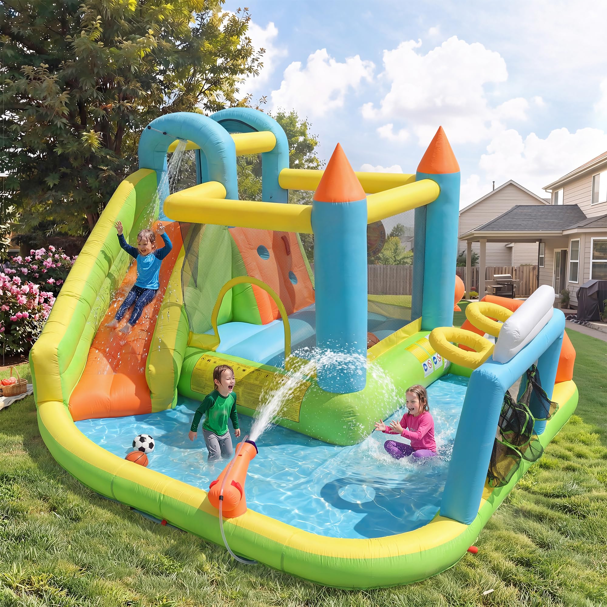 Gecheer Kinder Hüpfburg Aufblasbar 360x320x200cm mit Rutsche Wasserpool Basketballkorb Outdoor Spielzeug für Kinder von 3-10 Jahren Garten Party Strand Camping Geburtstag Sommer Wasserspaß