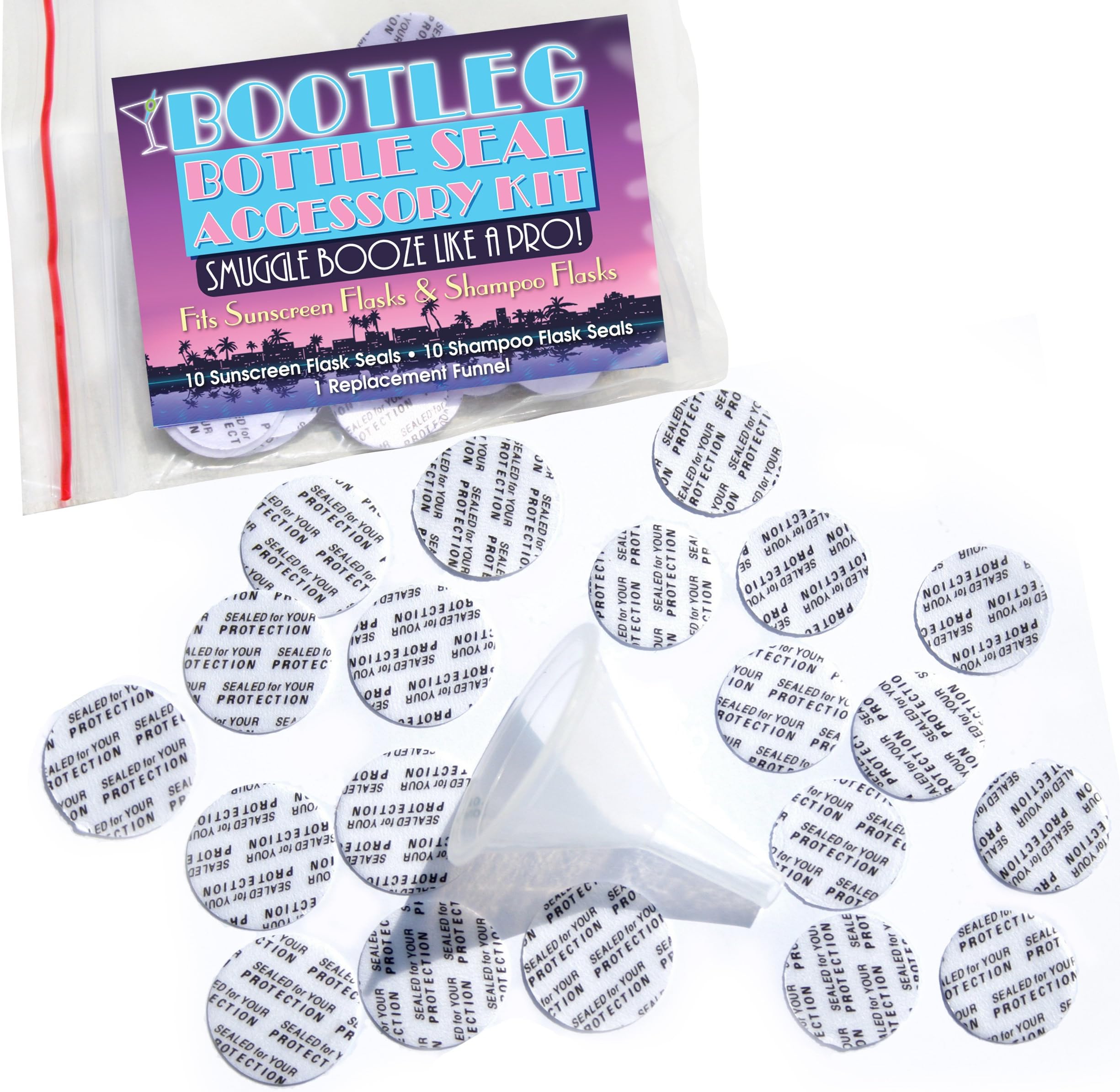 Bootleg Bottle Seal 20-Pack Accessory Kit. Hidden Sunscreen/Shampoo Flask Multi-Size Pack of 20 Seals Plus Larger Funnel.