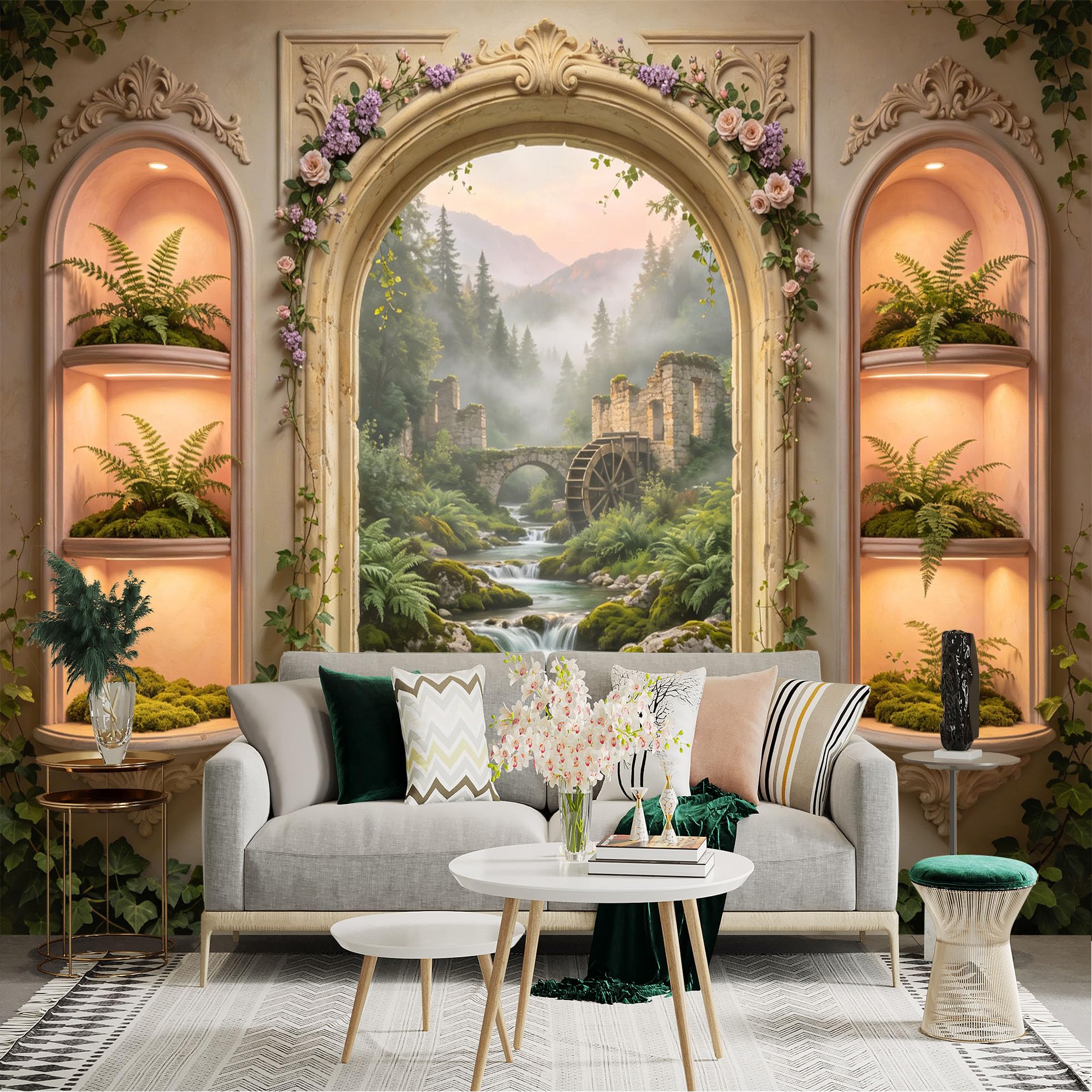 Custom Size Wall Sticker Mural， Vintage Stone Bridge and Watermill by Forest River with Floral Arch， for wall Decoration， peelandstick wall Decals.