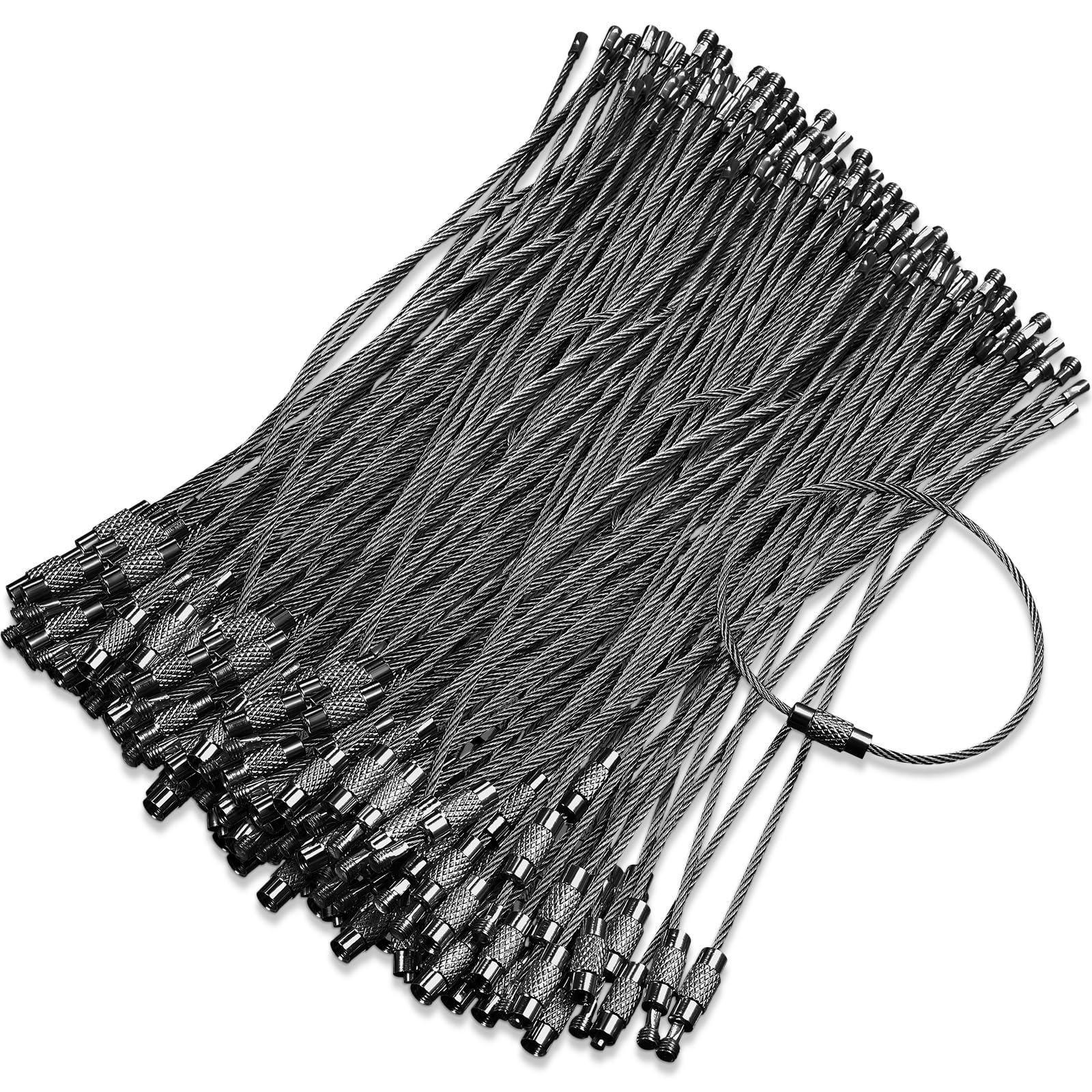 Hotop 150 Pcs Wire Keychain Cable Bulk Stainless Steel Key Rings Loop Wire Cable Braided Steel Keychain(8 Inch,Black)