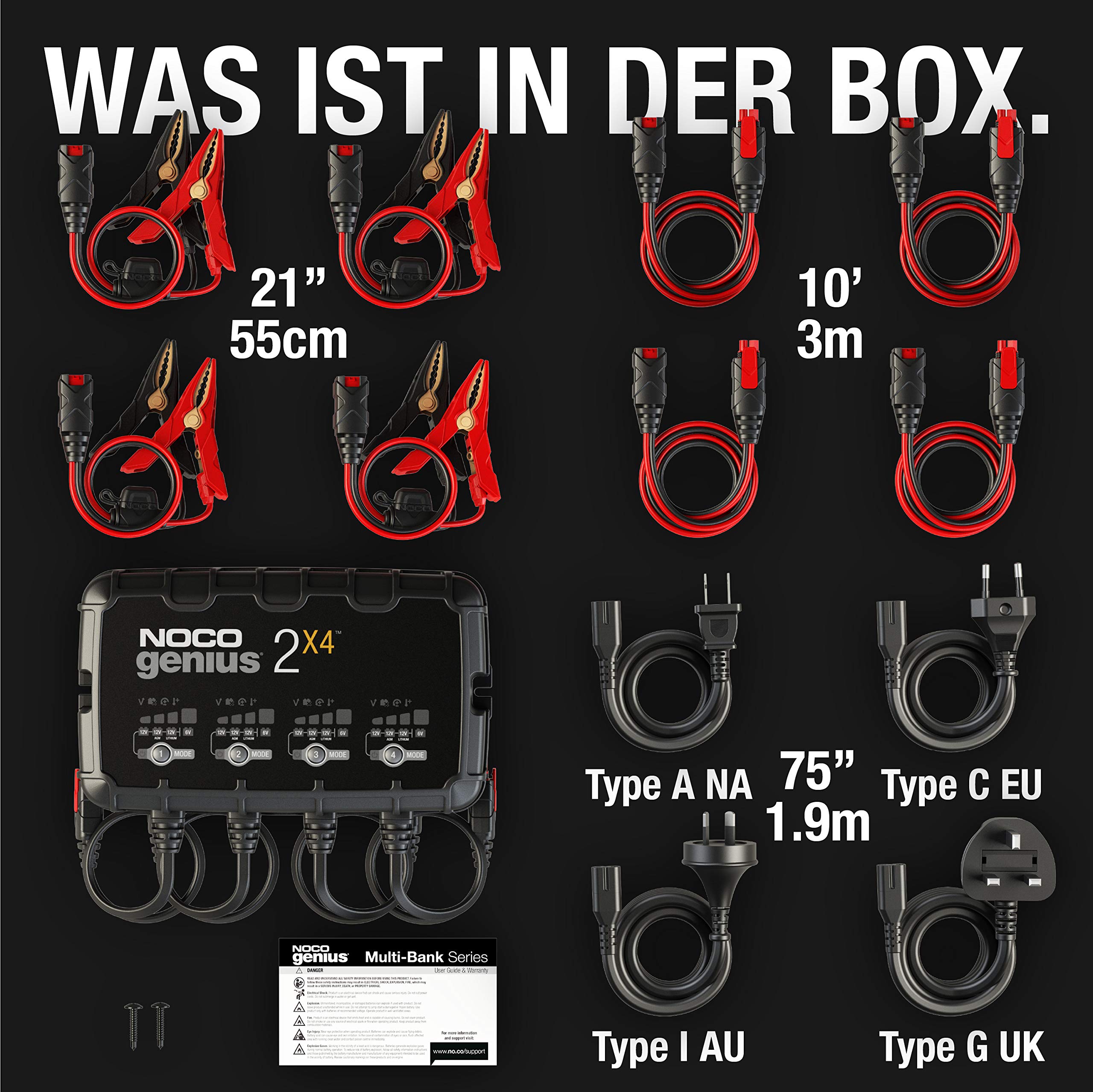 NOCO GENIUS2X4: 4-Bank 8A (2A pro Bank) Batterieladegerät für Auto & Motorrad — 6V/12V Erhaltungsladegerät & Entsulfator — Für AGM, Lithium (LiFePO4) & Start-Stopp-Batterien