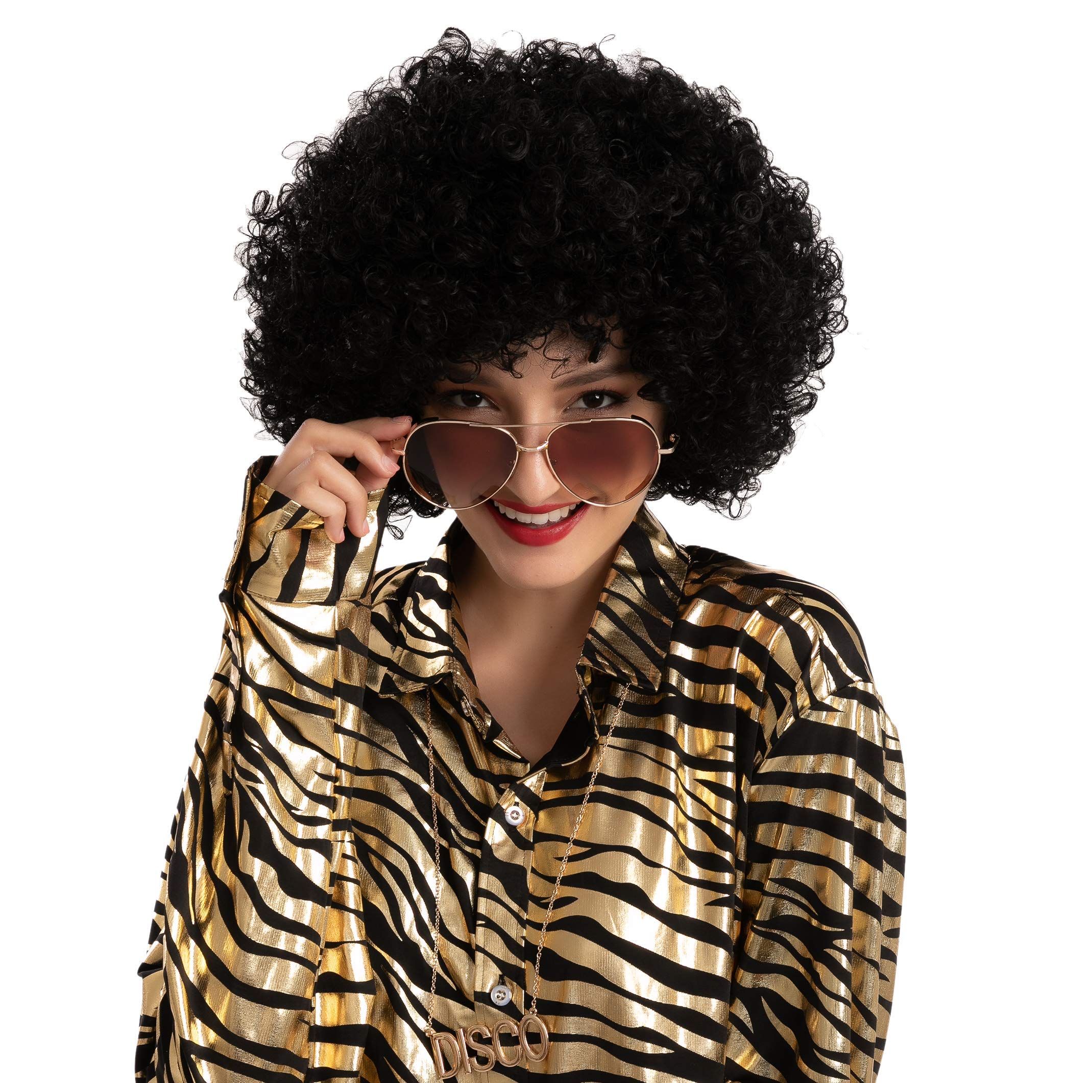 Spooktacular Creations Afro-pruik voor dames en heren, discopruik, hippiekostuum, accessoireset met zwarte funky afropruik, ketting, bril, oorbellen en snor, voor 50/60/70s feest, zwart, 8-delige set