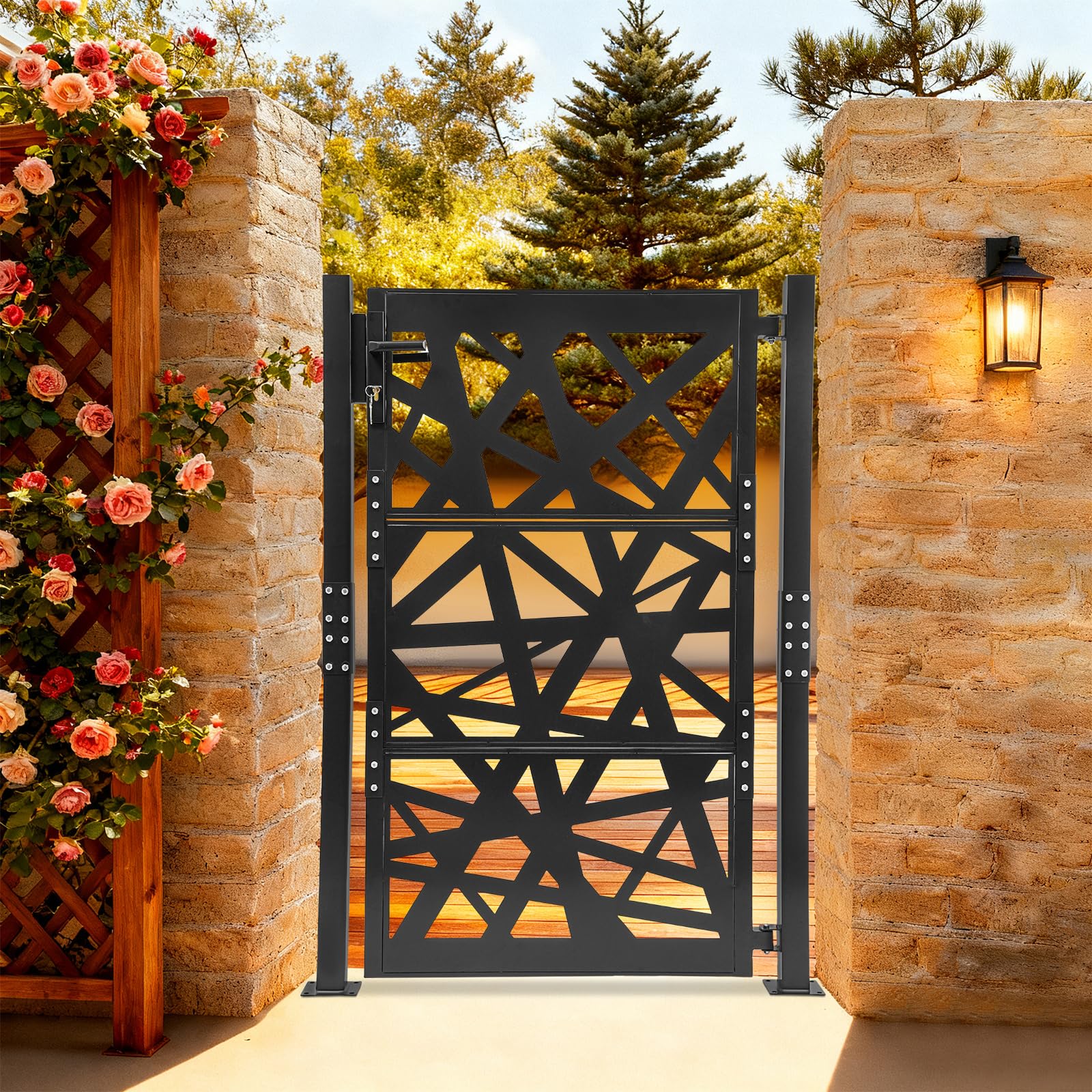 Moderna puerta de jardín de metal, 105 x 150 cm, con cerradura de seguridad, apertura de 180°, para terraza, jardín, almacén en marrón, negro y blanco, para patio y como protección visual