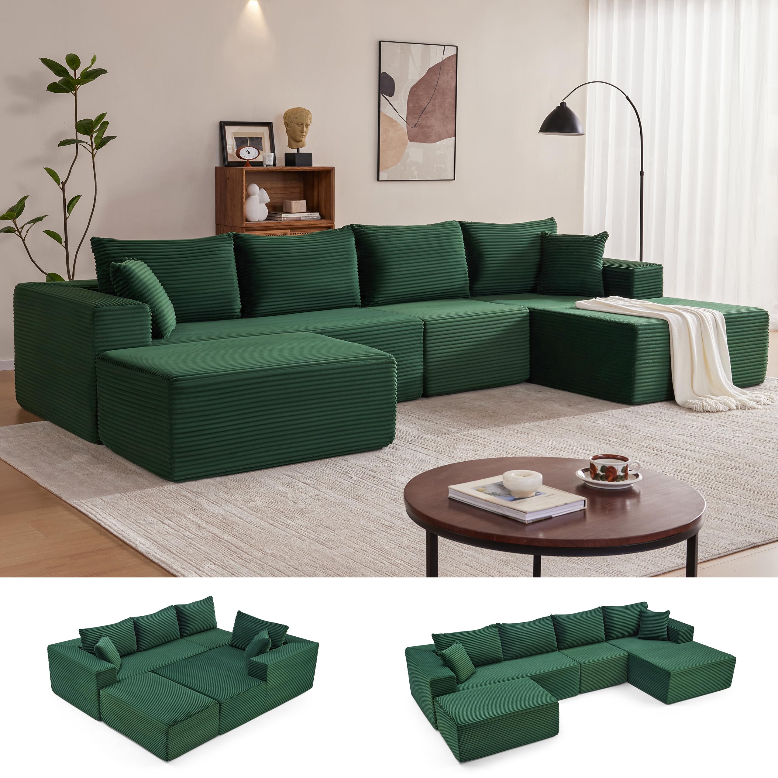 Mangodan 140” Cloud Sectional Couch, Boneless Sofa for Living Room, Modular Sectional Sofa with Deep Seat, Comfy Fluffy U-Shaped Couch with Right-Facing Chaise, No Assembly Required, Green