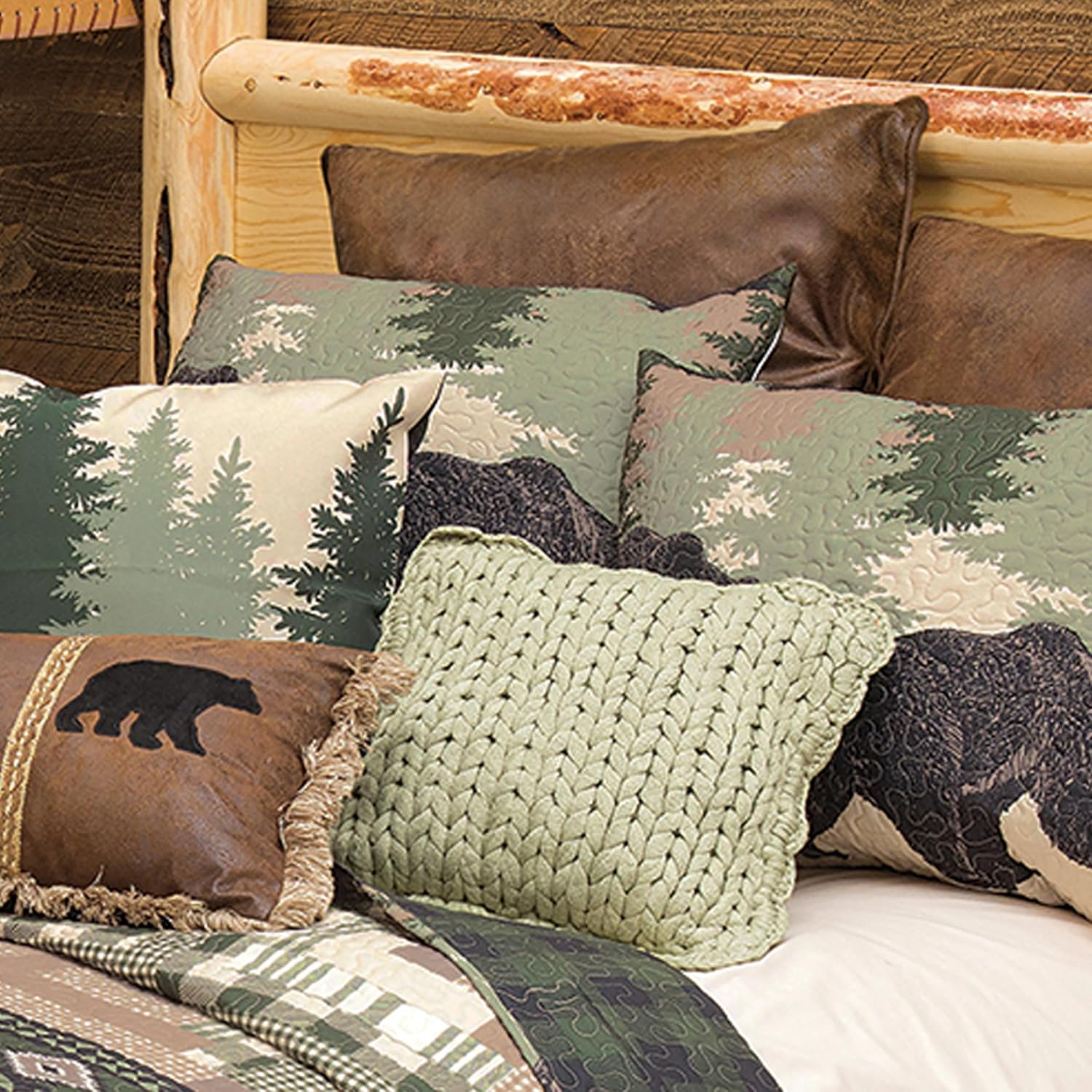 BLACK FOREST DECOR Black Bear Log Cabin Quilt Bed Set - Queen – Rustic 90" x 90" Quilt with Shams