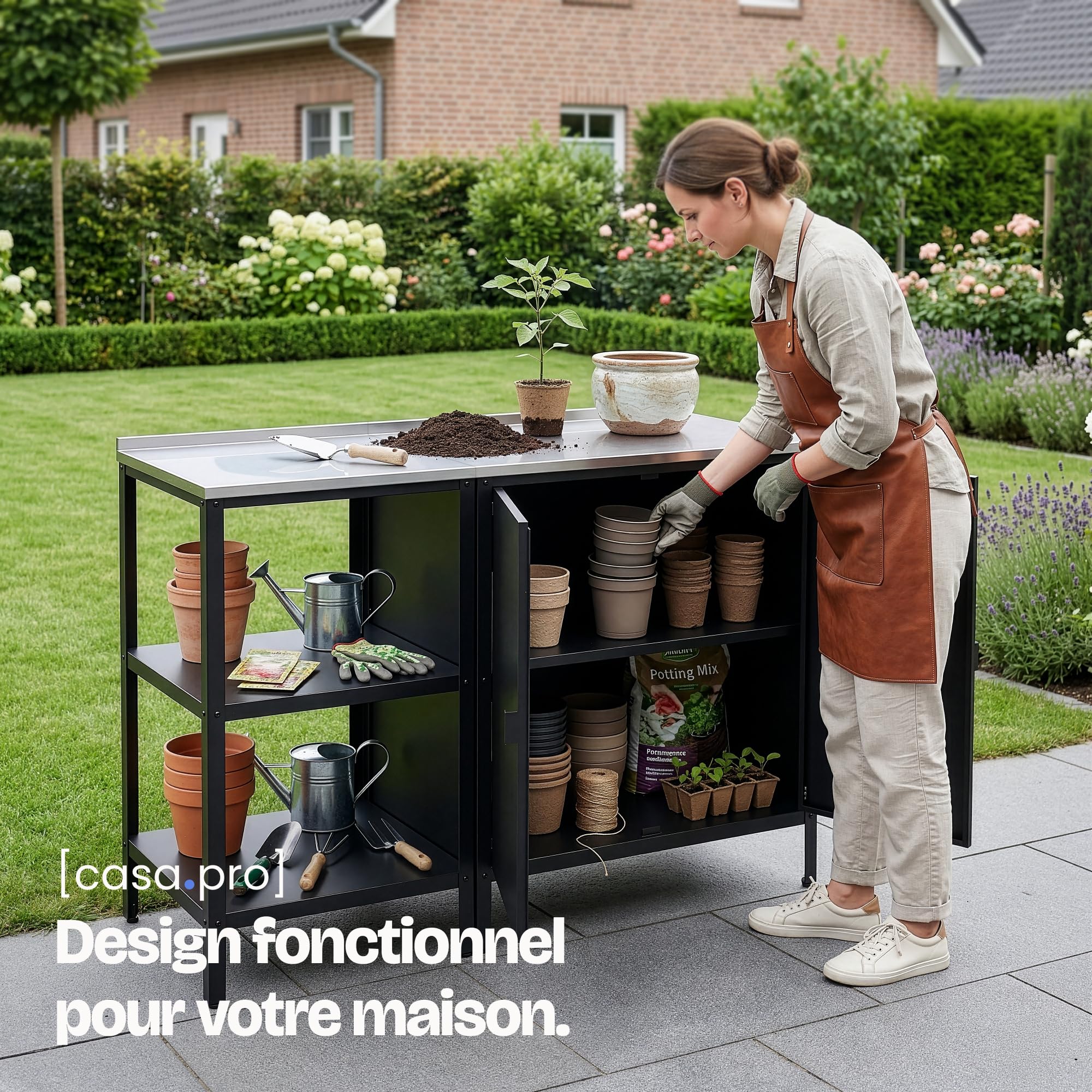 casa.pro Set de Meubles de Jardin Bolognano Étagère d'Extérieur et Armoire de Jardin Rangement pour Terrasse Balcon Garage Atelier Compartiments Ouverts et Fermés Acier Laqué Noir Mat et Argent