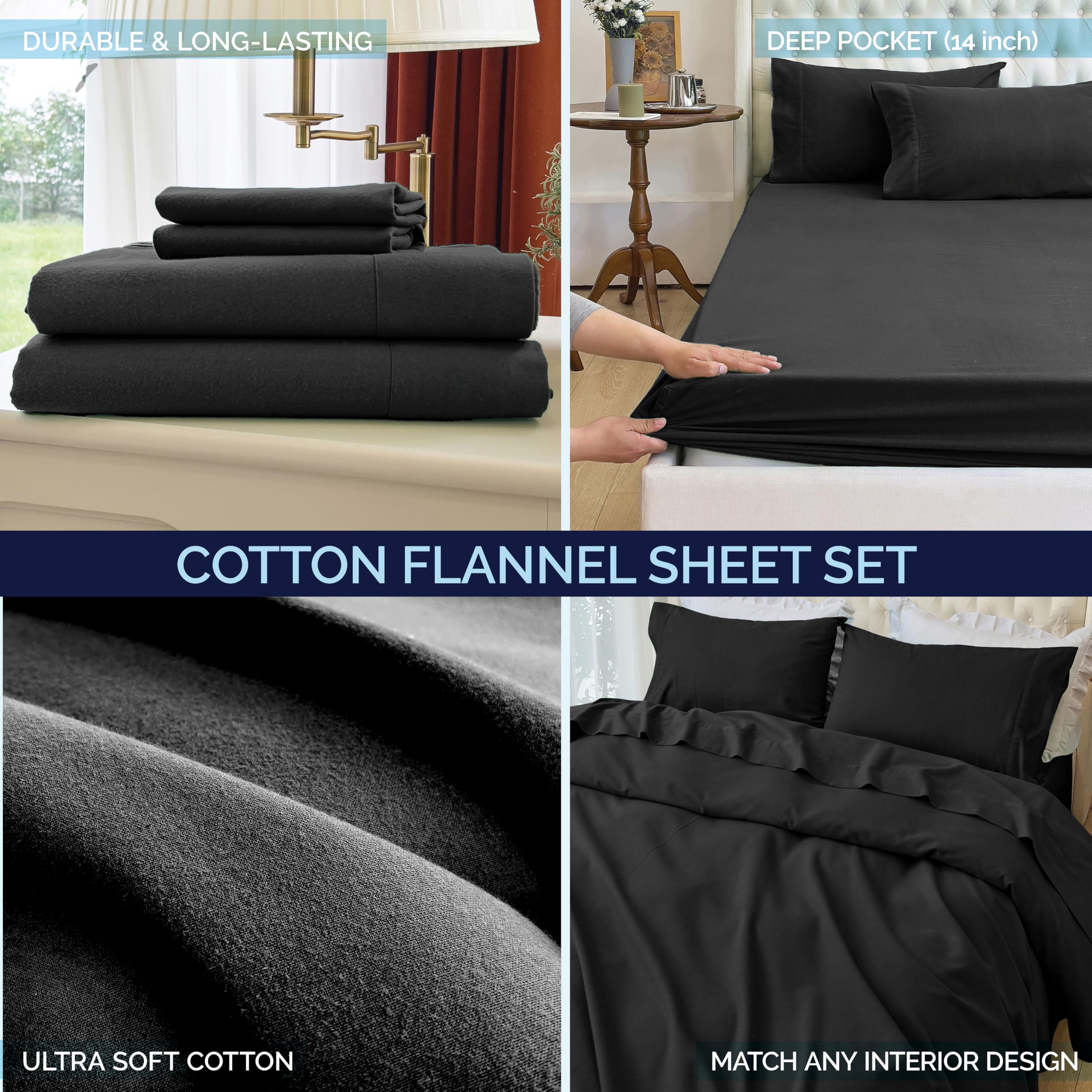 Elegant Comfort Juego de sábanas Suaves de Franela 100% algodón Turco, 4 Piezas, Ultra Suaves, acogedoras, cálidas y Antibolitas, tamaño matrimonial, Color Negro