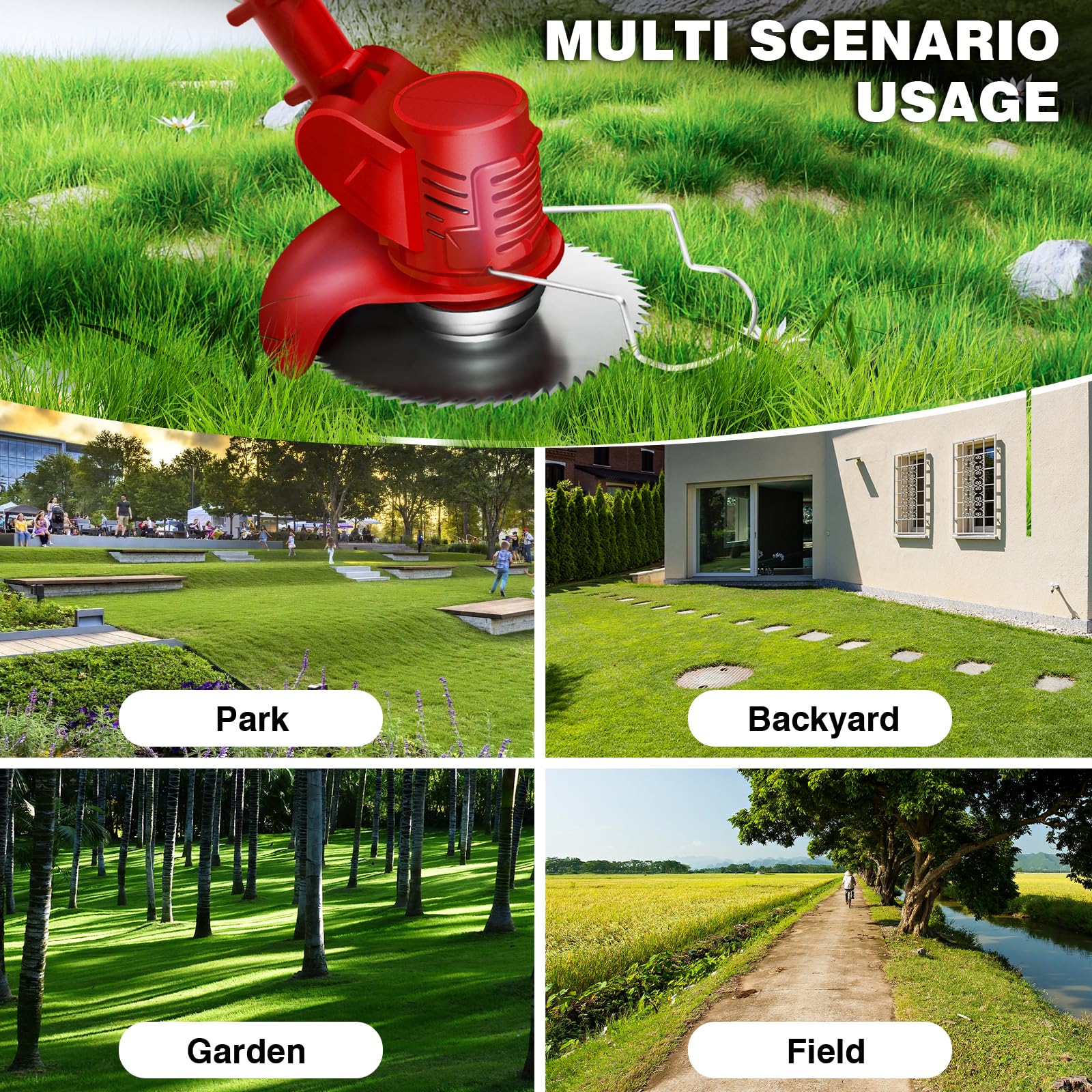 Coupe-Herbe sans Fil avec Batterie et Lames en métal Coupe-Herbe électrique Puissant Coupe-Herbe de Jardin Coupe-Bordures Coupe-Mauvaises Herbes Coupe-Gazon Set de Coupe-Gazon 2 Batteries Rouge