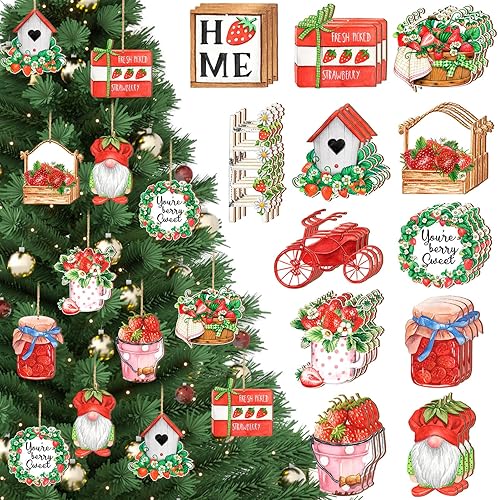 Maitys 36 adornos de árbol de fresa, adornos de verano, gnomos de madera, adornos colgantes con cuerda, decoración decorativa de árbol frutal para Maitys 36 adornos de árbol de fresa, adornos de verano, gnomos de madera, adornos colgantes con cuerda, decoración decorativa de árbol frutal para
