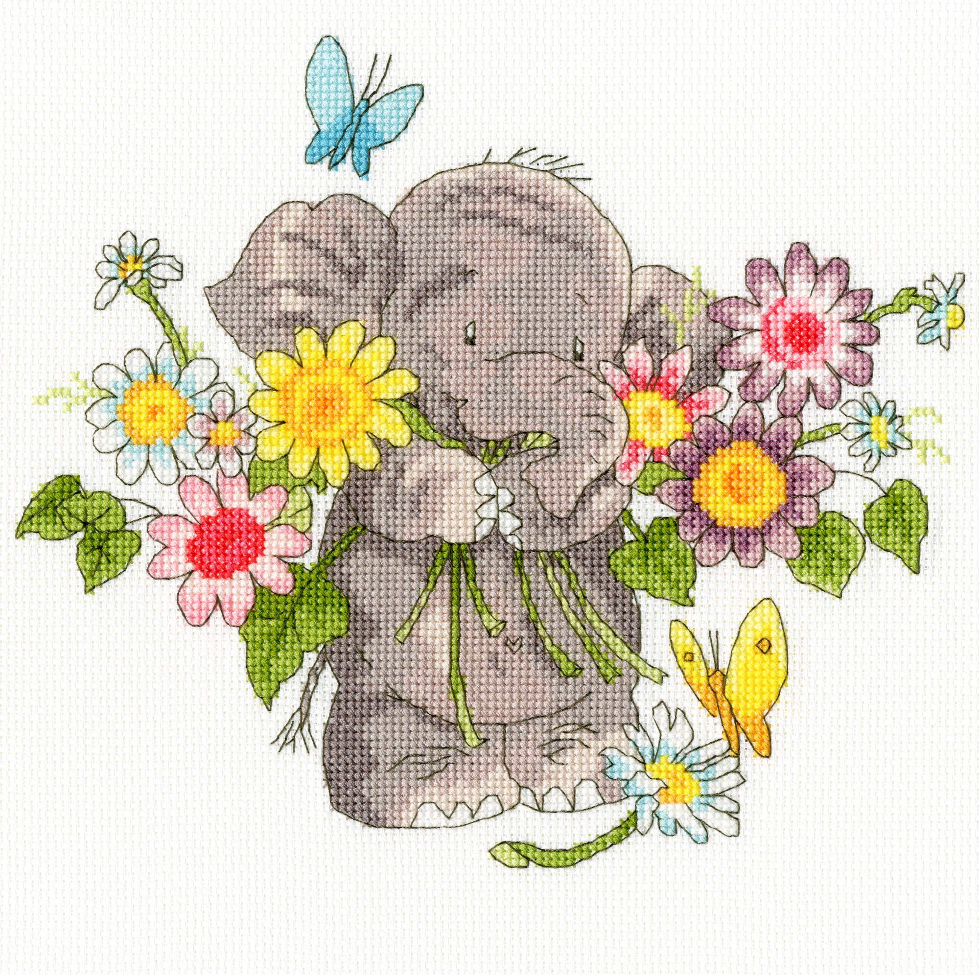 Bothy Threads Kit De Broderie Au Point De Croix – Bouquet Jumbo – Éléphant Mignon Avec Fleurs