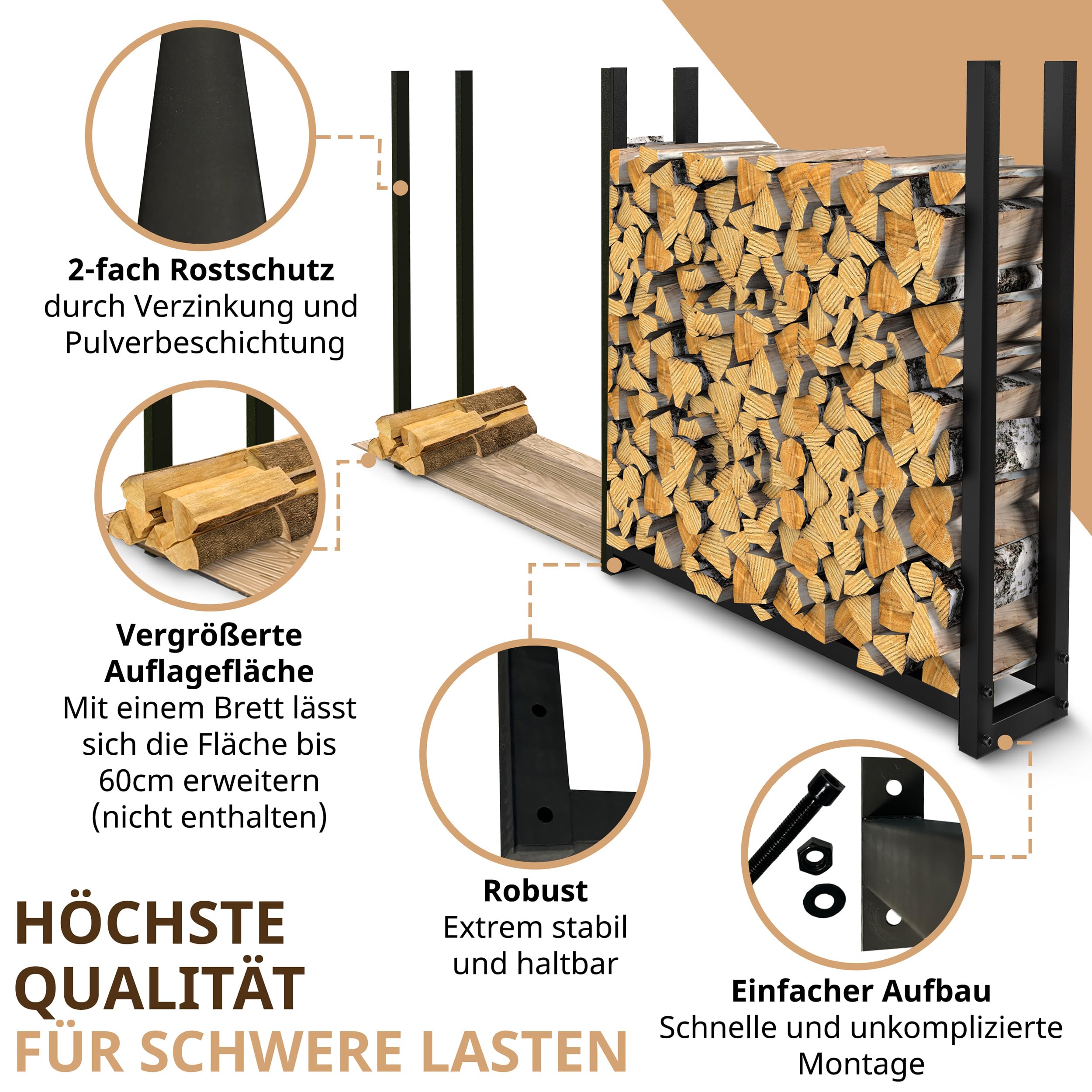 Kaminholzregal aussen Metall 223x25x115 | Stapelhilfe Brennholz VERZINKT 800kg Feuerholzregal für 25cm und 33cm Holz Kaminholzunterstand