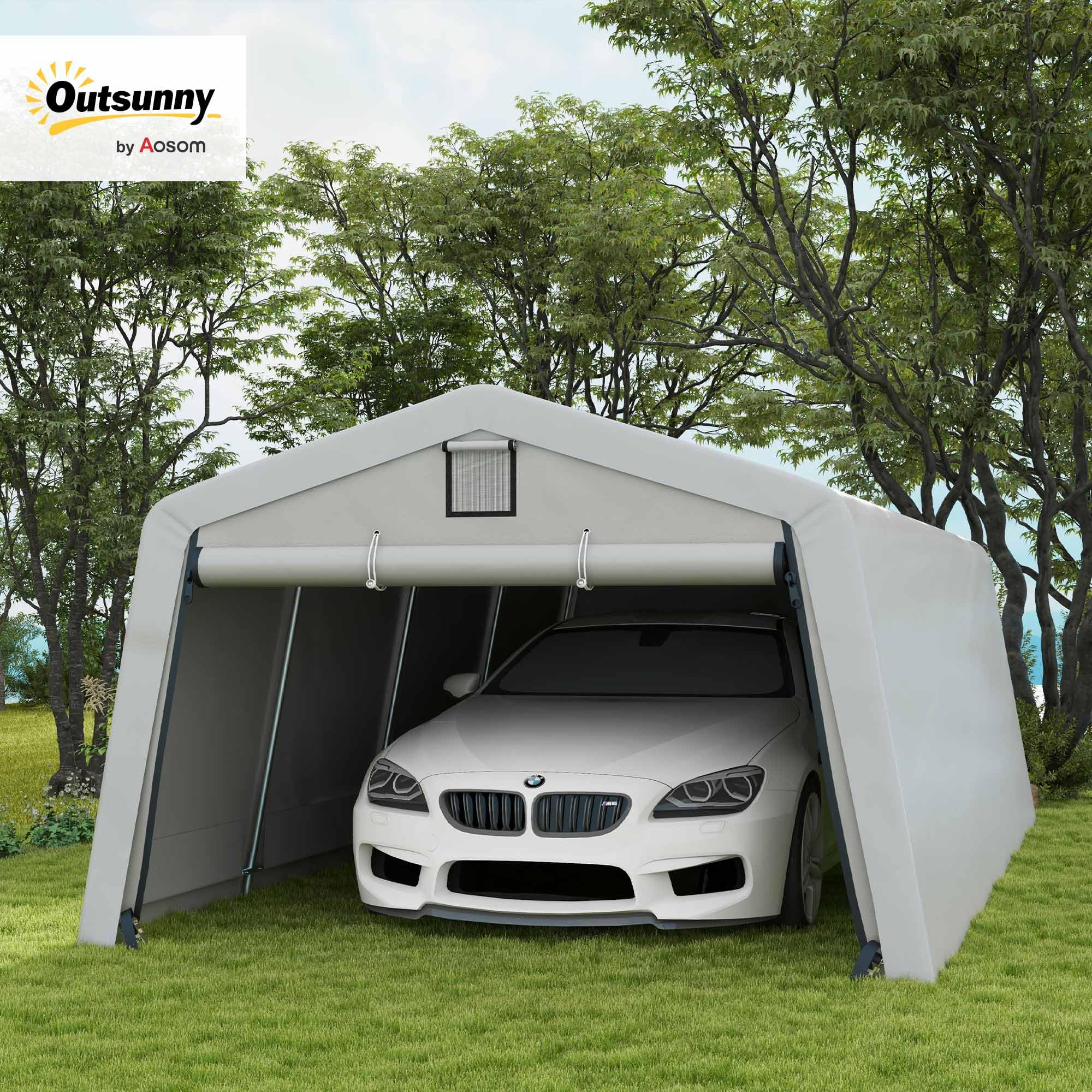 Outsunny Tente garage carport dim. 6,2L x 3,3l x 2,4H m robusto acciaio zincato PE ad alta densità 150 g/m² impermeabile anti-UV, 1 porta grigia e 2 prese d'aria