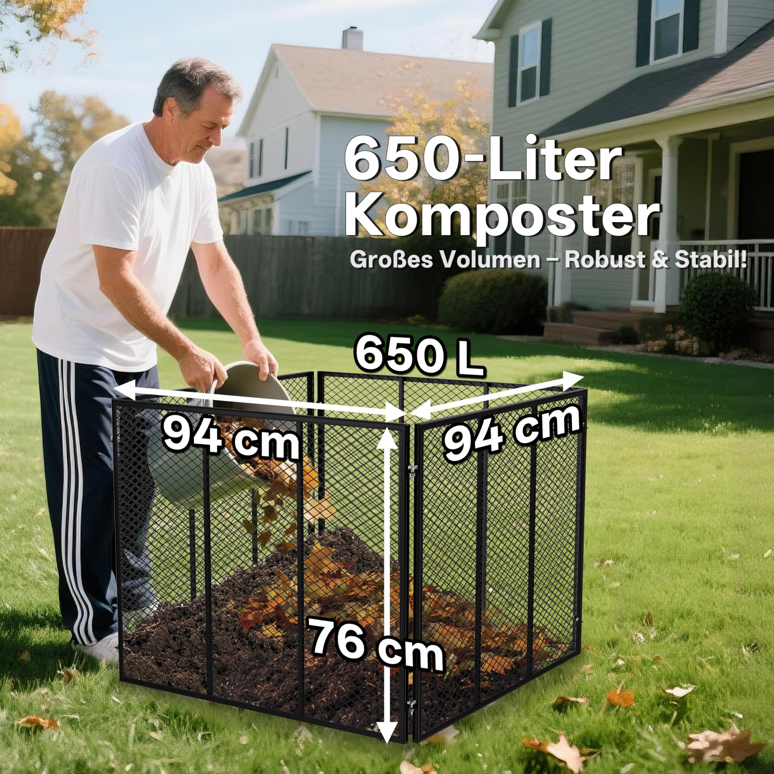 Metall Komposter 650L – Wetterfest & Rosthemmend, mit Stecksystem und Belüftung für Schnelles Kompostieren, Ideal für Biomüll, Rasenschnitt und Laub, 94x94x76 cm
