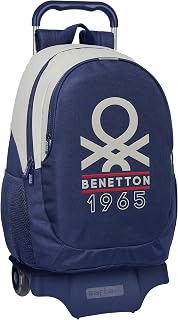 BENETTON VARSITY - Mochila Escolar con Carro, Ideal para Niños de Diferentes Edades, Cómoda y Versátil, Calidad y Resistencia, 33x15x43 cm, Color Azul Marino/Gris